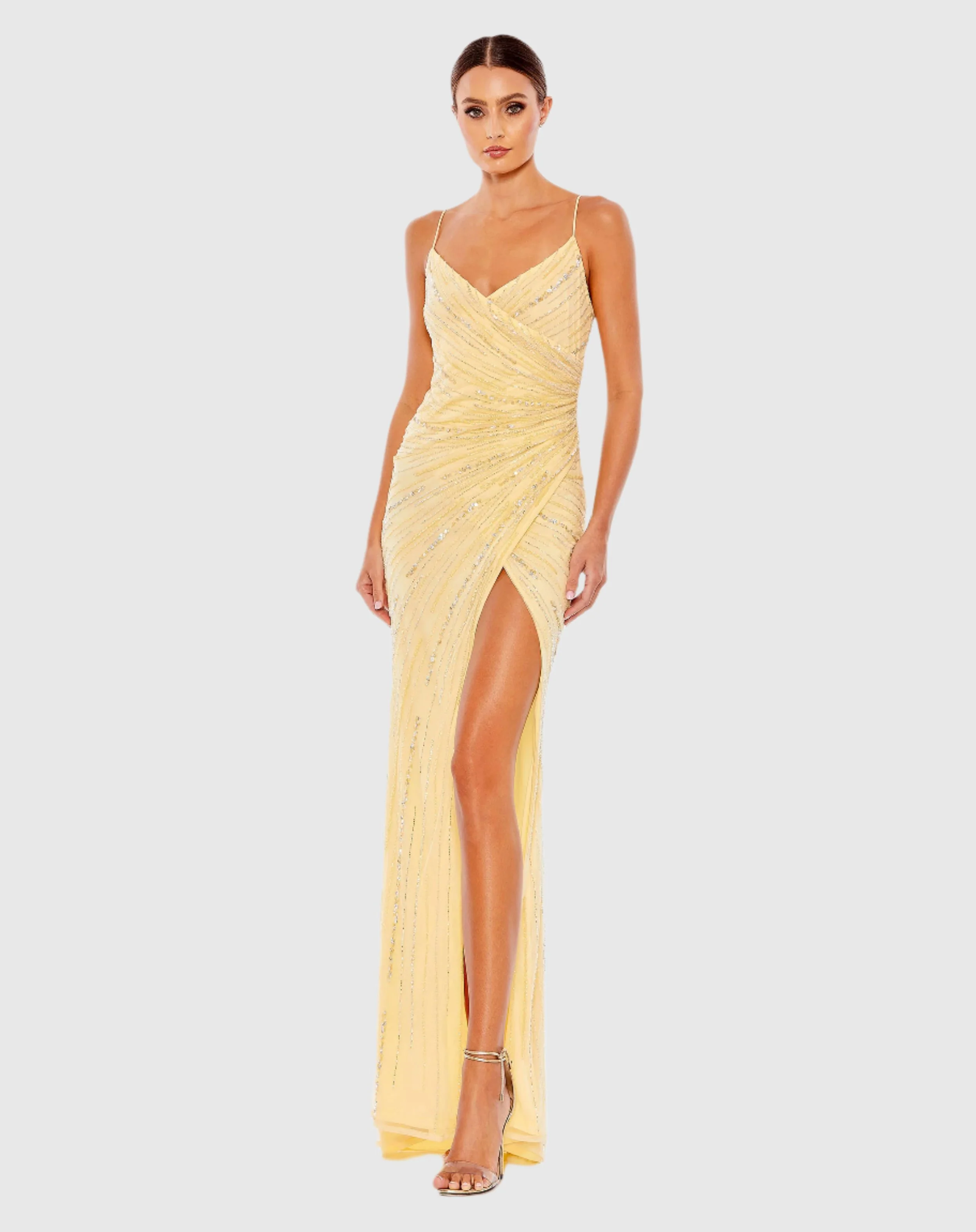 Yellow Beaded Sleeveless Faux Wrap Gown