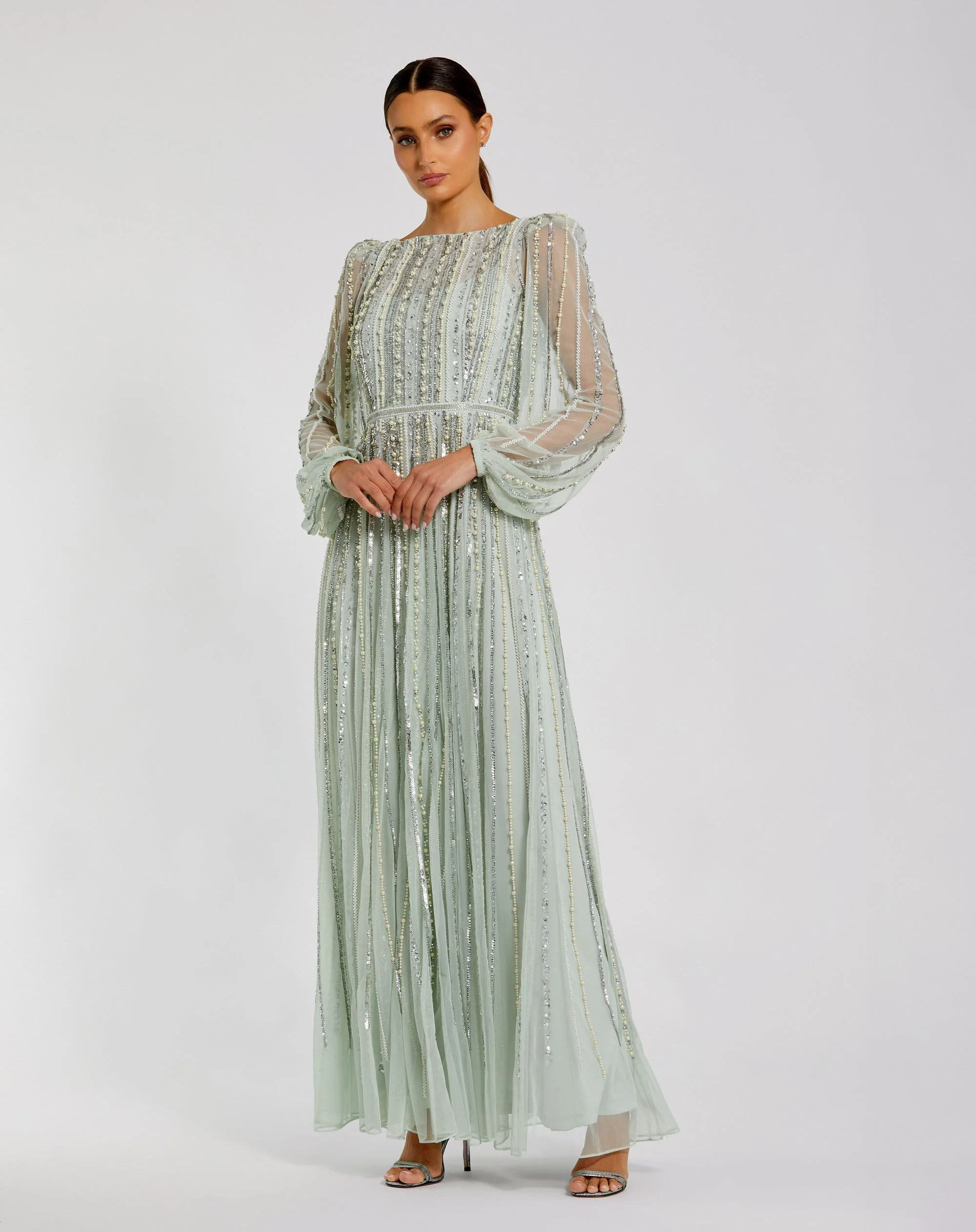 Green Boat Neck Long Sleeve Gown With Striped Beading