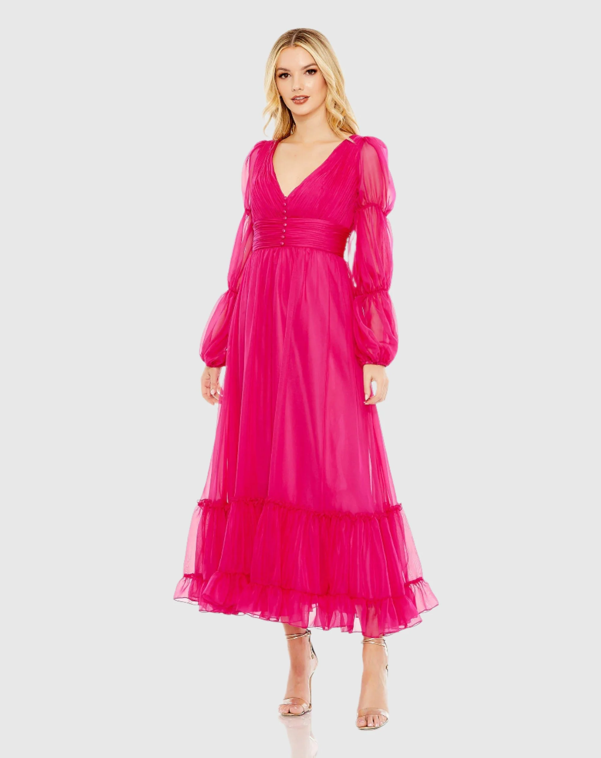 Pink Chiffon Ruched Tiered Puff Sleeve A Line Dress