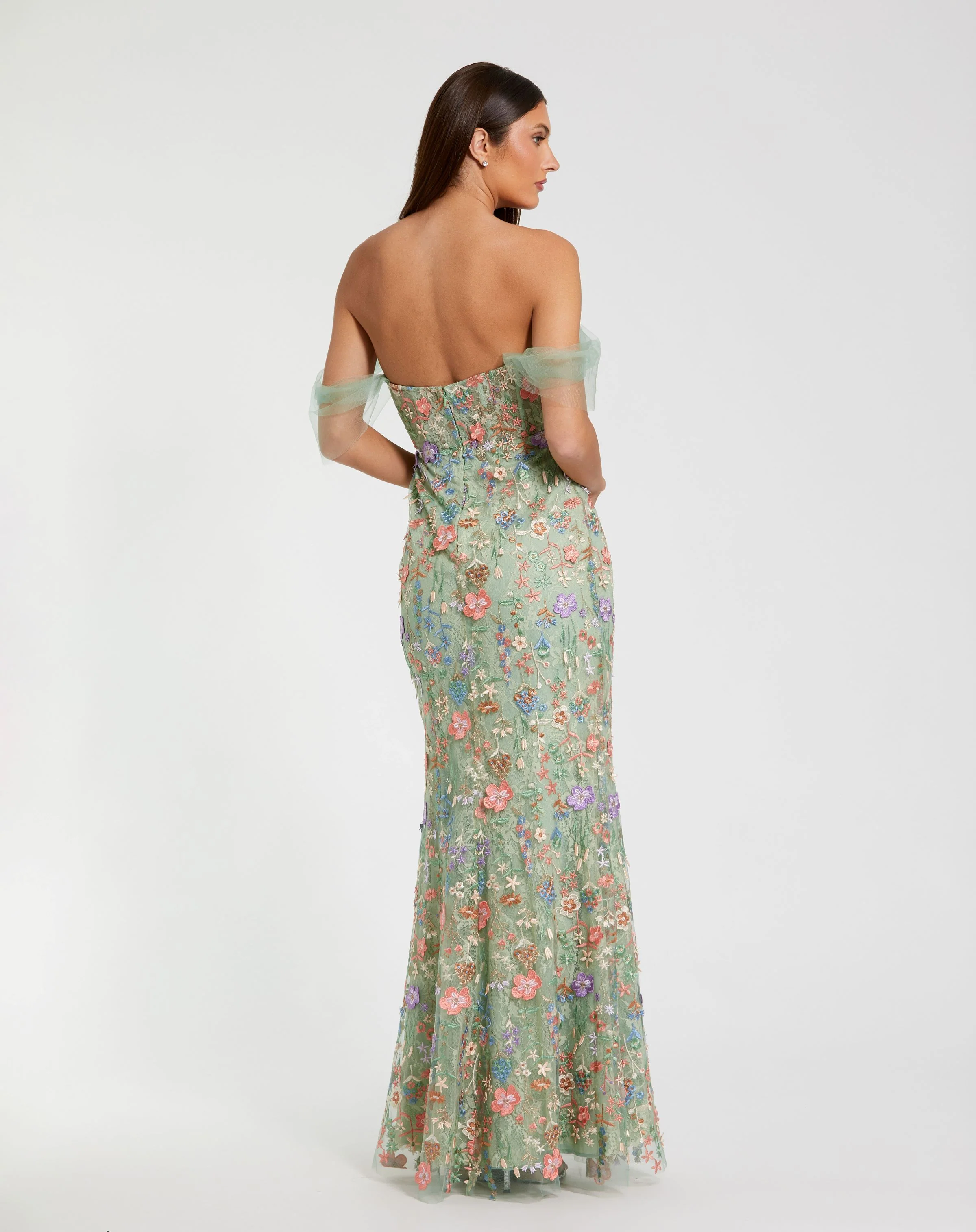 Green Off The Shoulder Bustier Embroidered Net Gown