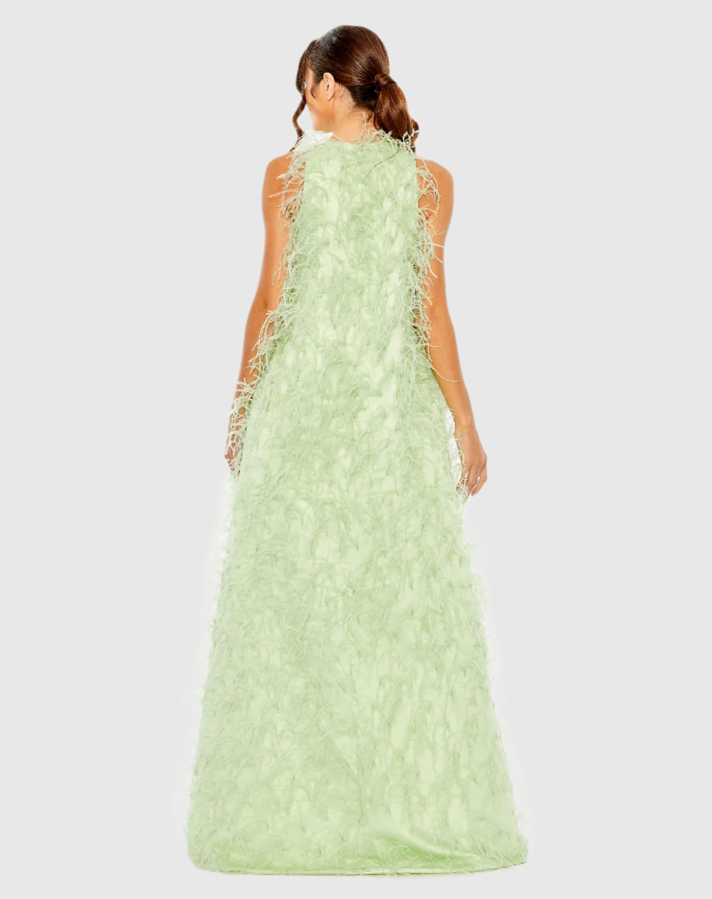 Green Sleeveless Feather Embellished Gown