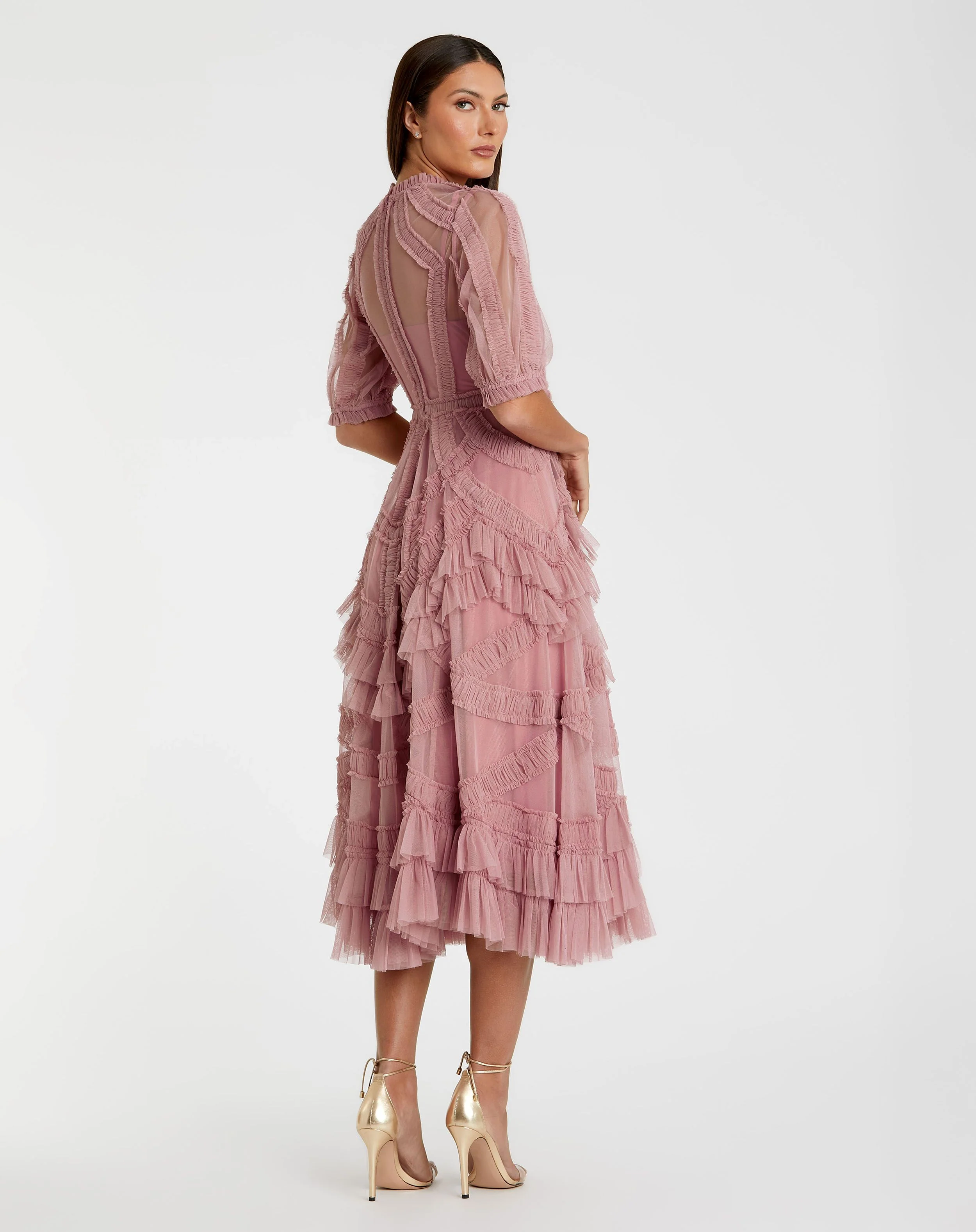 Pink High Neck Micro Ruffle Tiered Midi Dress