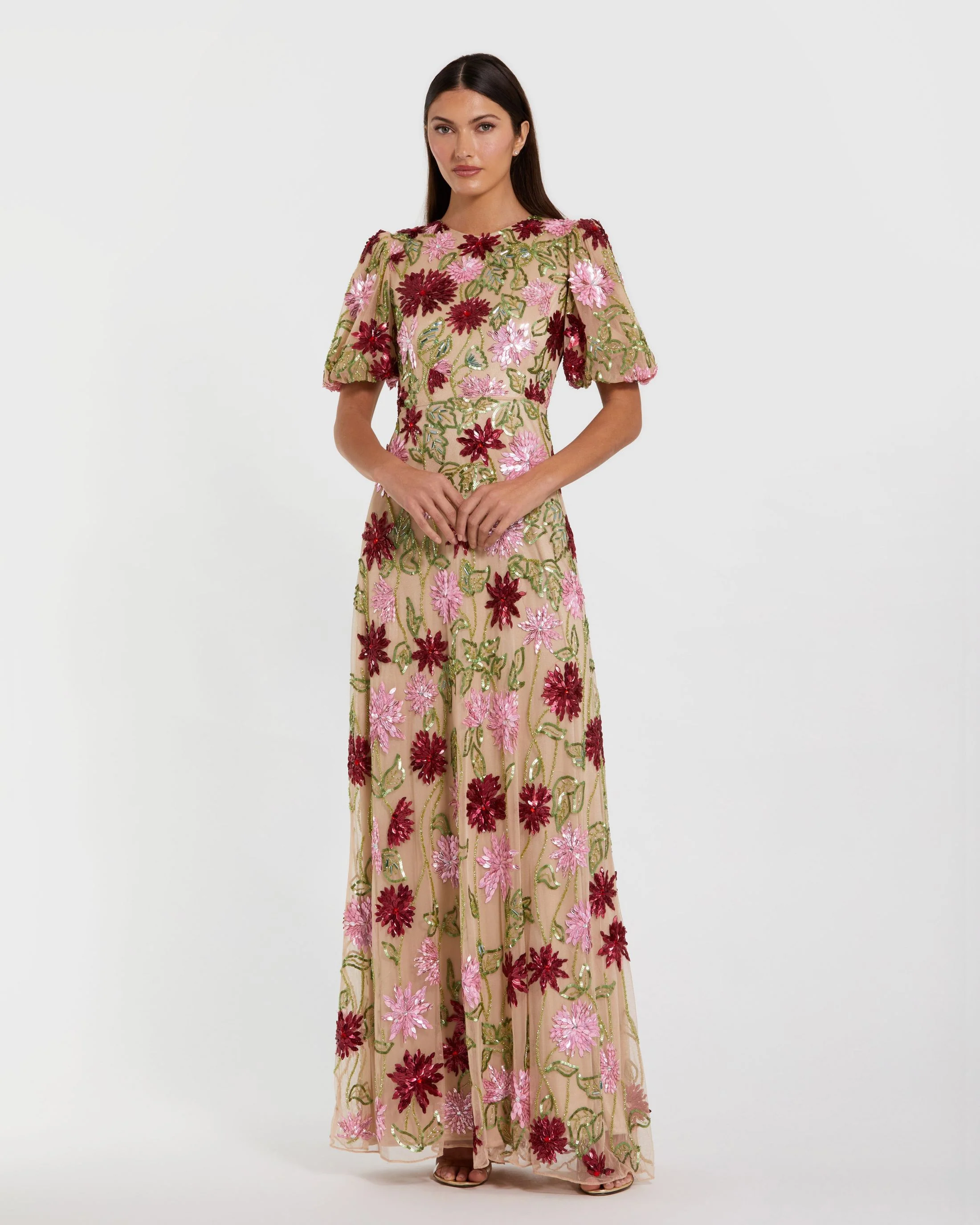 Beige Floral Beaded Mesh Puff Sleeve Gown