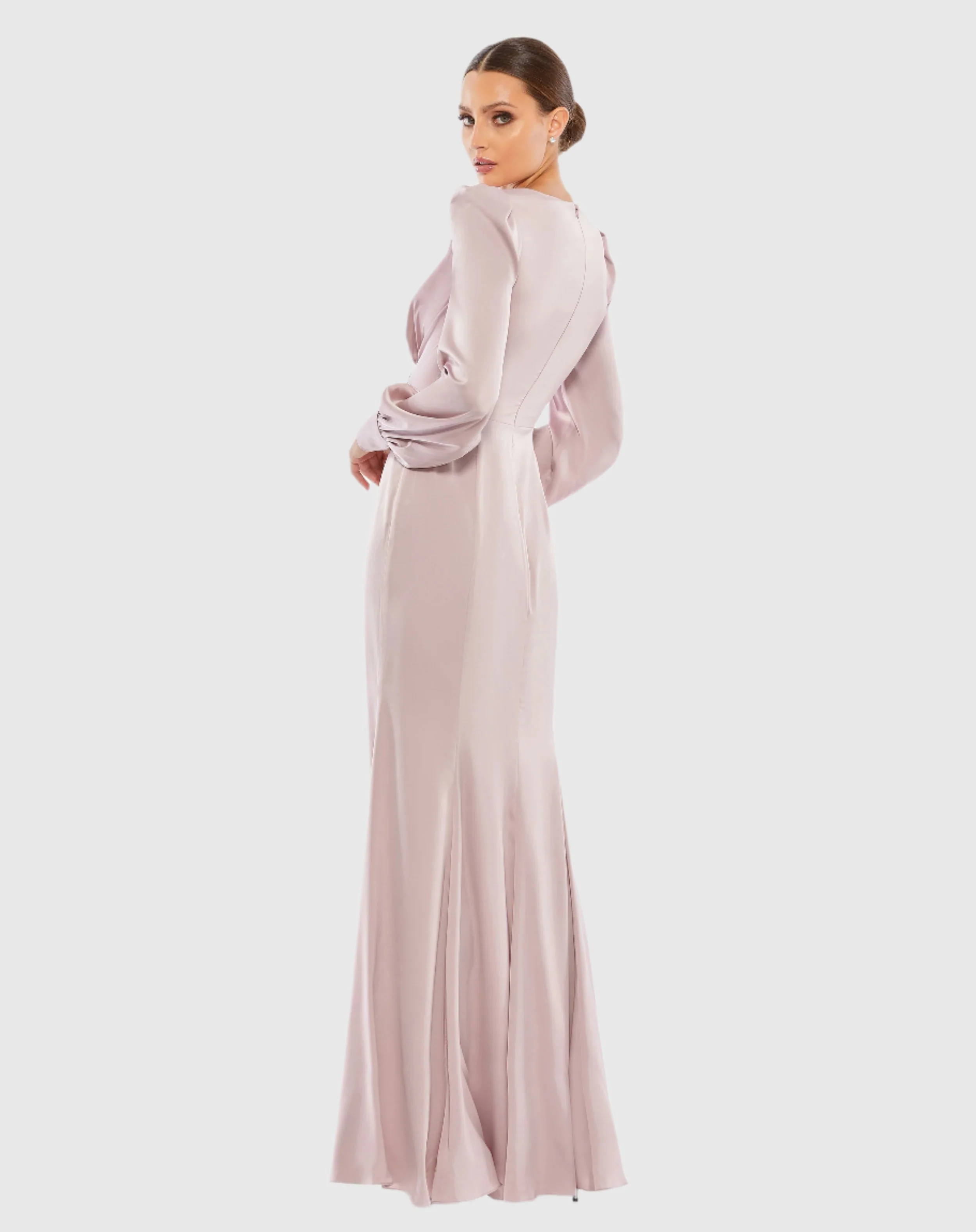 Pink Satin Ruched Bishop Sleeve Gown