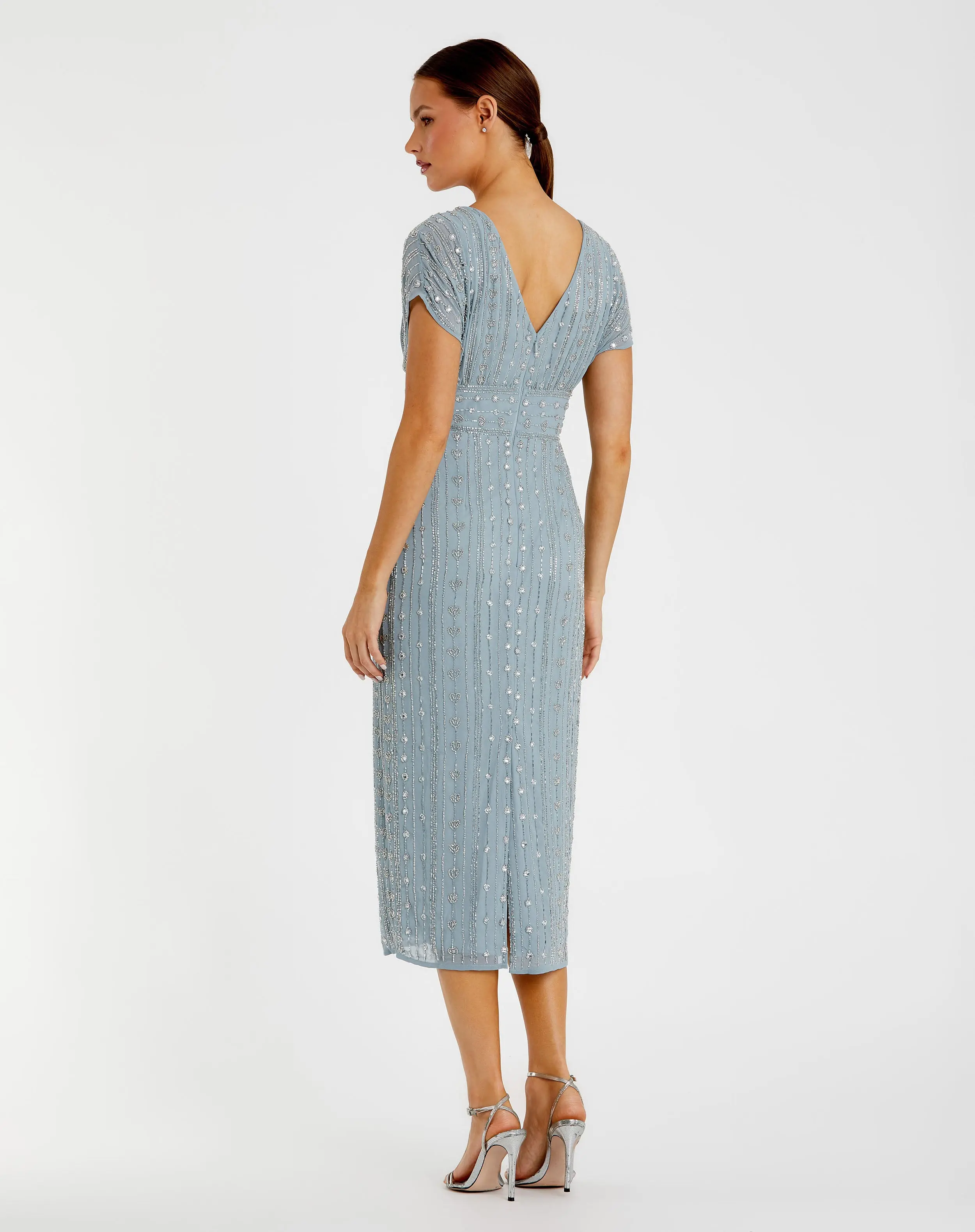 Blue Beaded Cap Sleeve Empire Waist Column Midi Dress