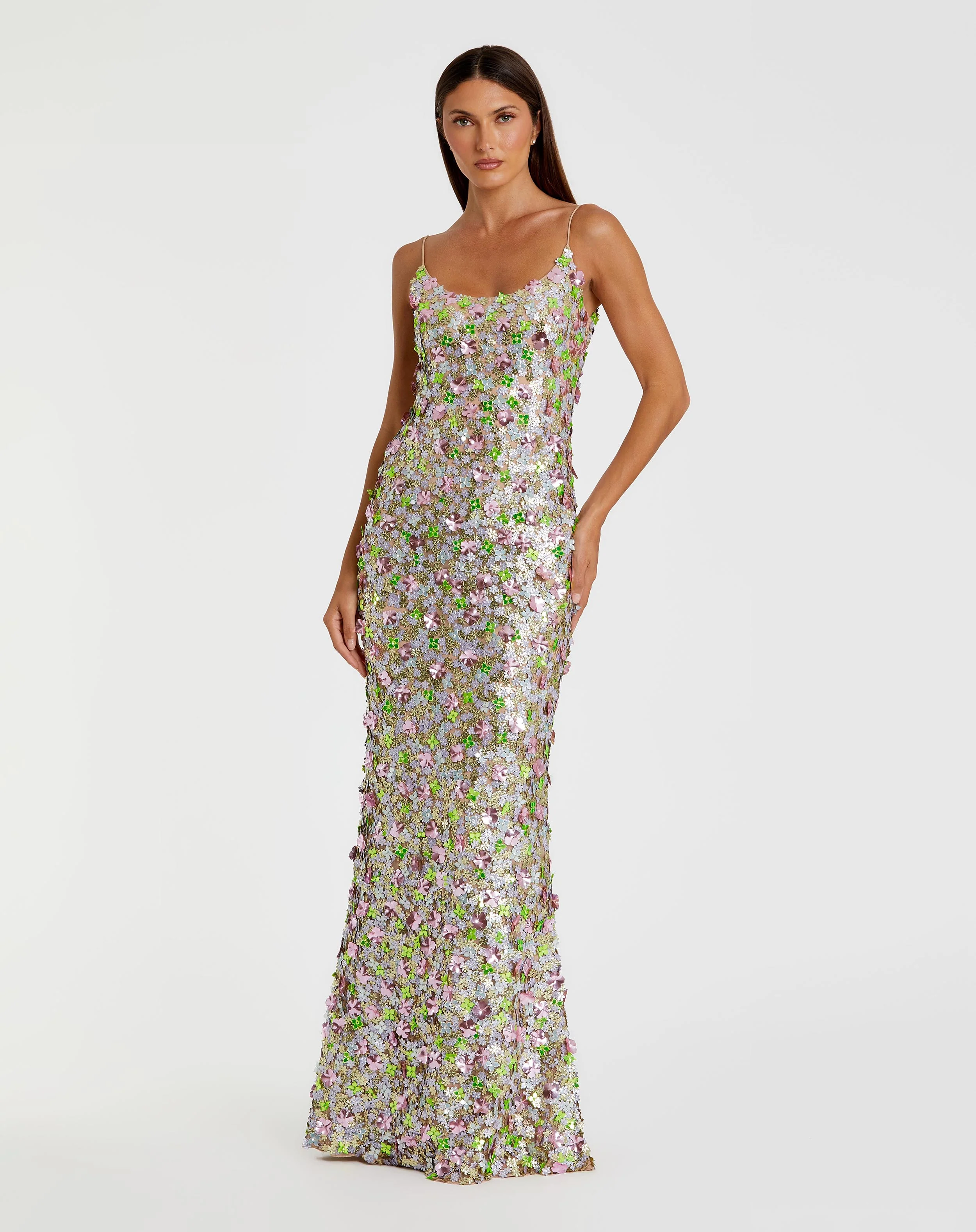 Sleeveless Floral Paillette Embelleshed Mesh Gown