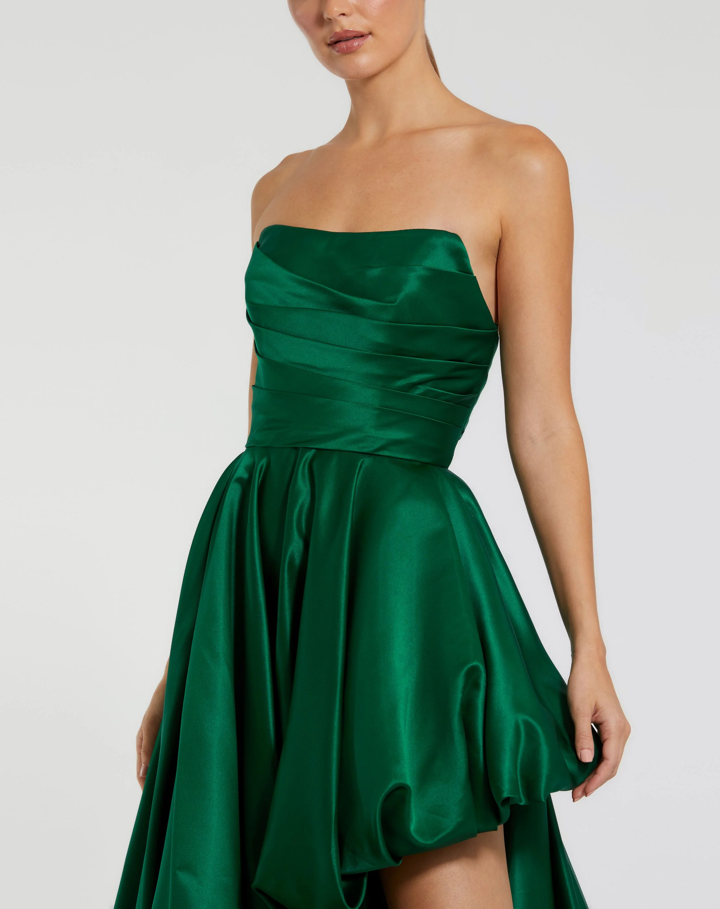 Green Strapless Ruched High Low Gown