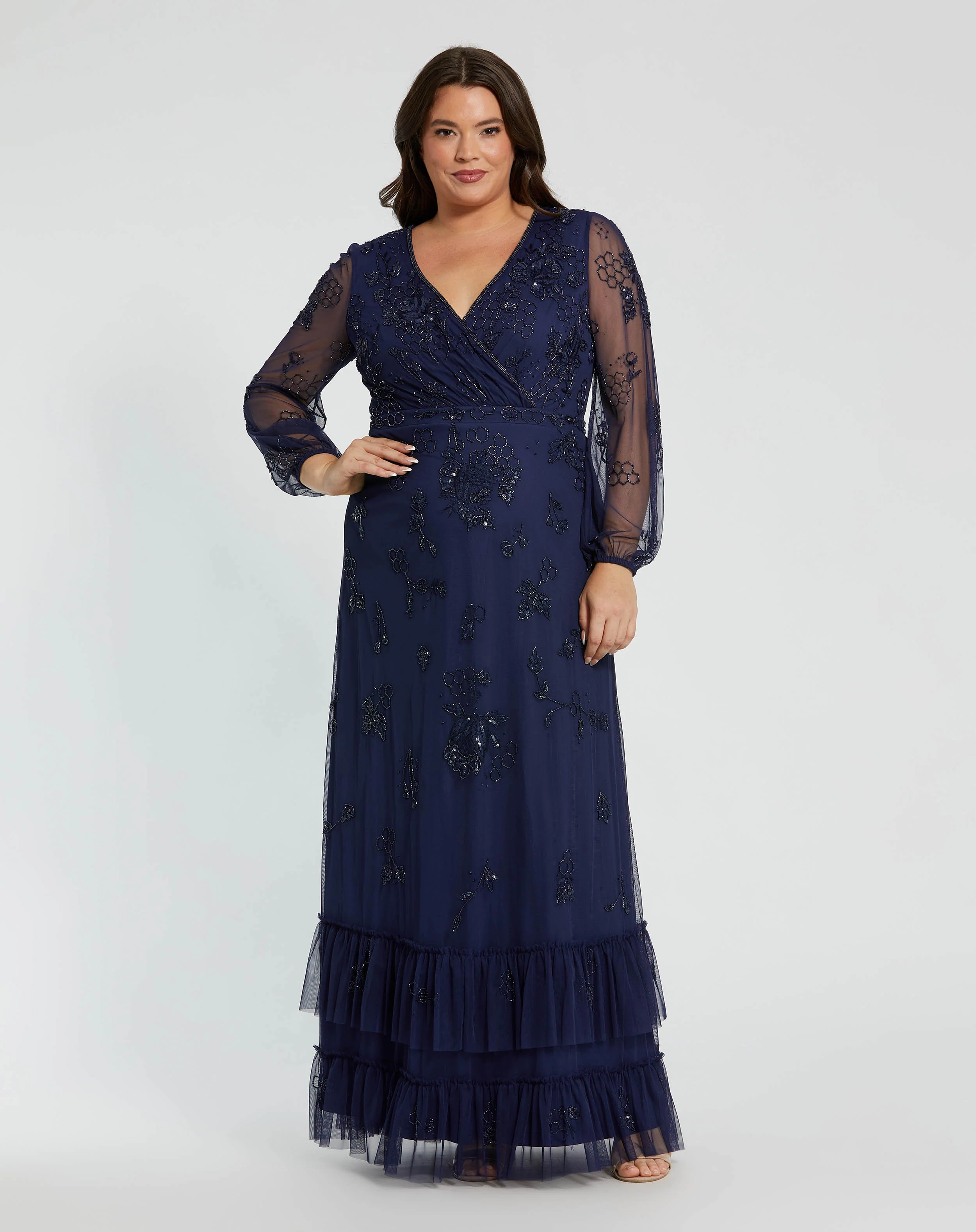 Navy Puff Sleeve V-Neck Tiered Embellished Gown - Plus