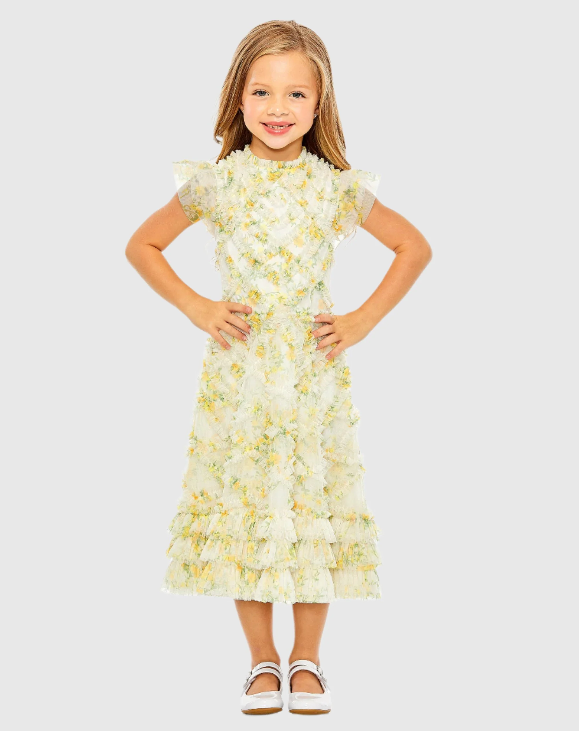 Yellow Girls High Neck Ruffle Tiered Mini Dress