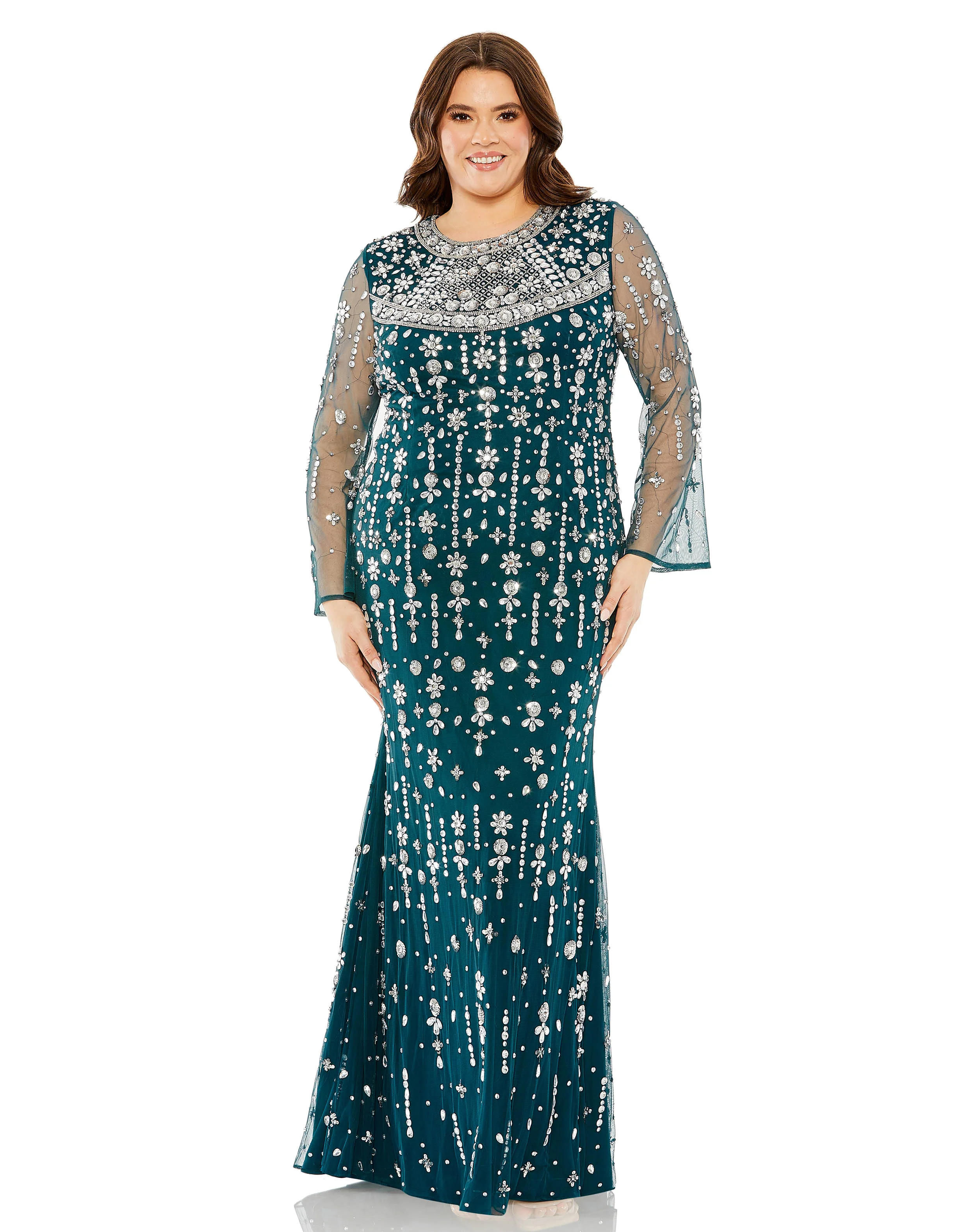 High Neck Long Sleeve Beaded Gown | Sample | Sz. 14W
