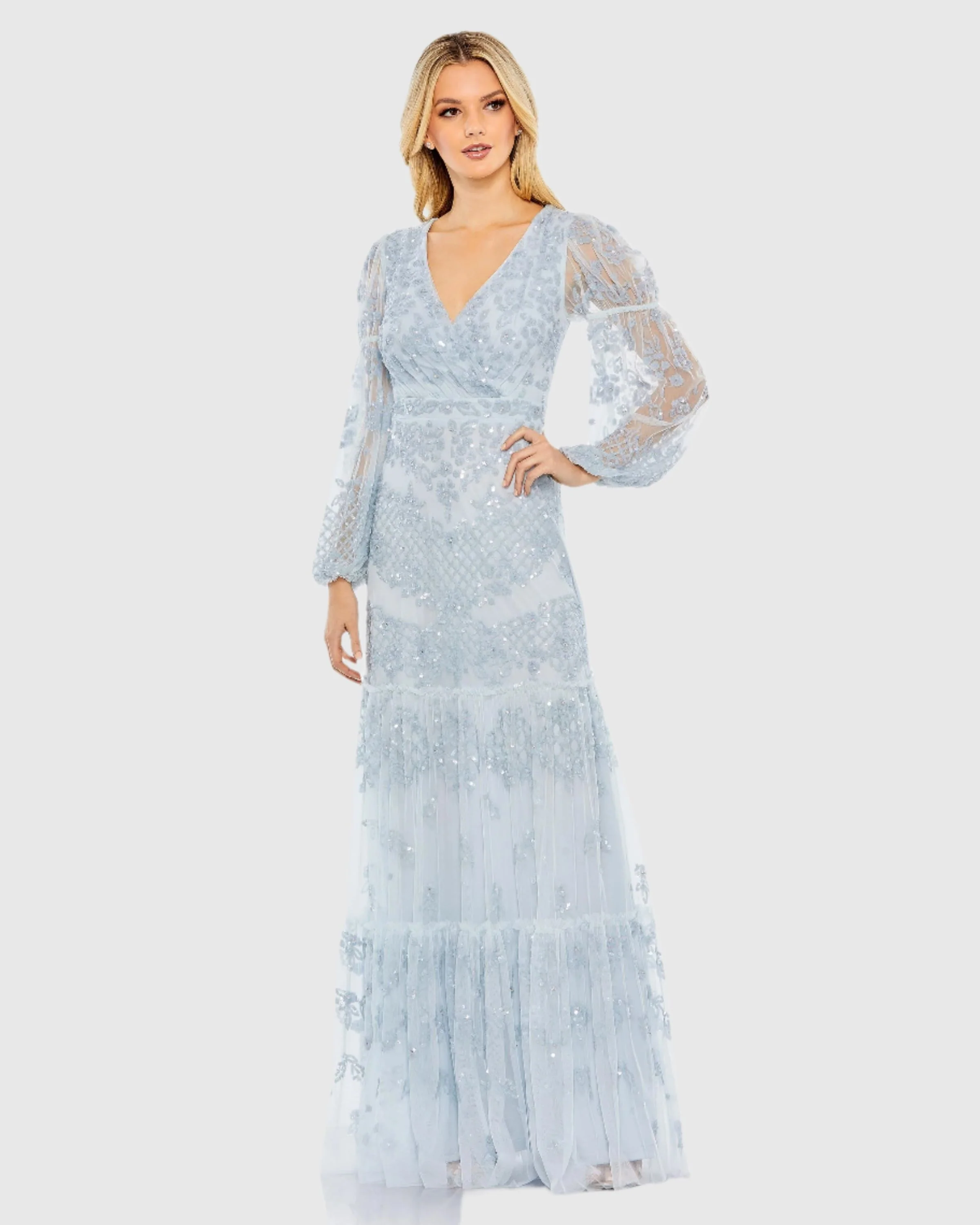 Blue Sequined Tiered Wrap Over Puff Sleeve Gown