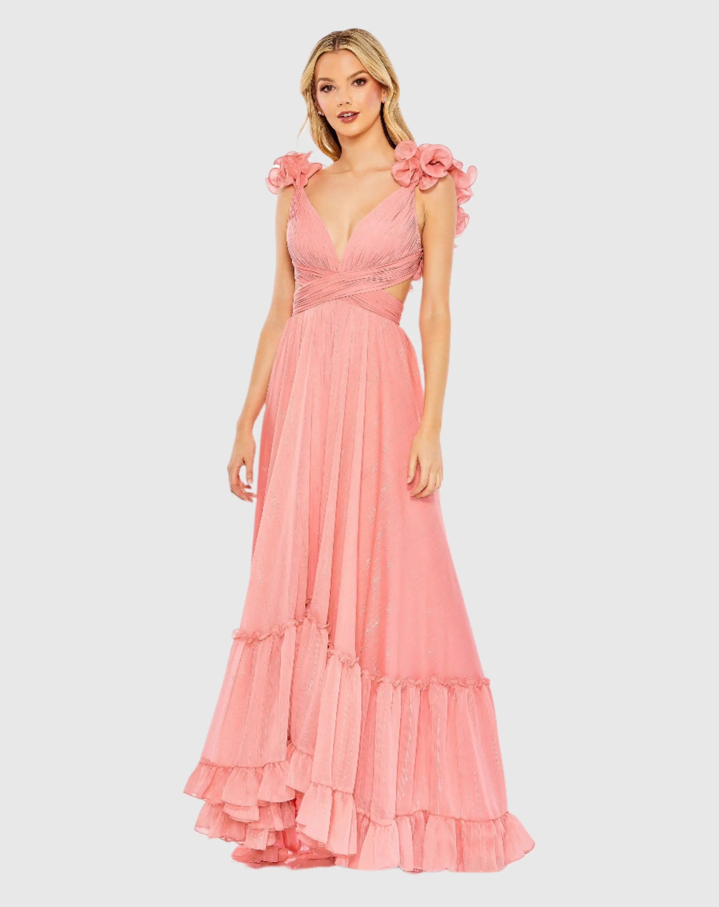 Pink Ruffle Sleeve V Neck A Line Gown