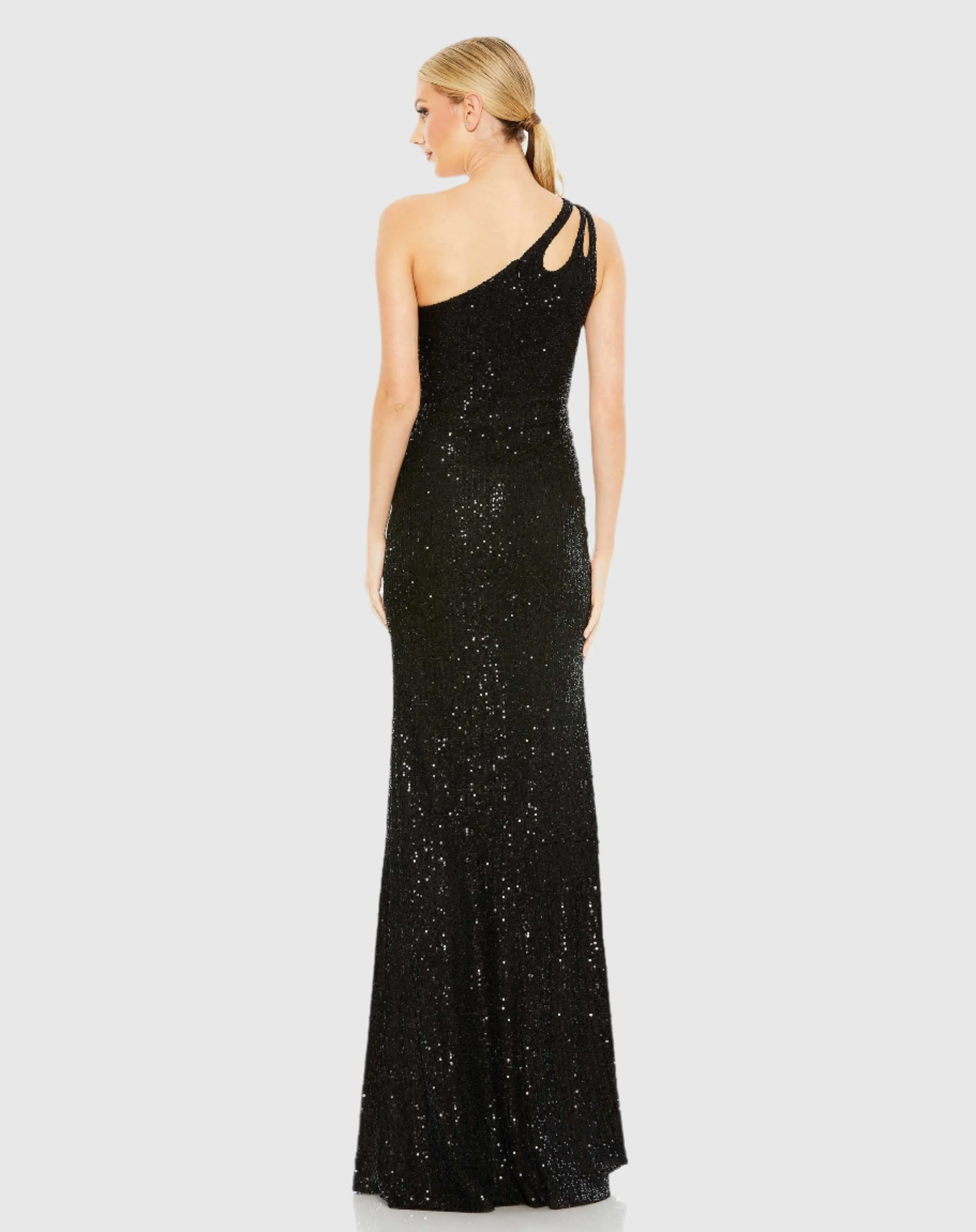 Black Sequined Strappy One Shoulder Column Gown