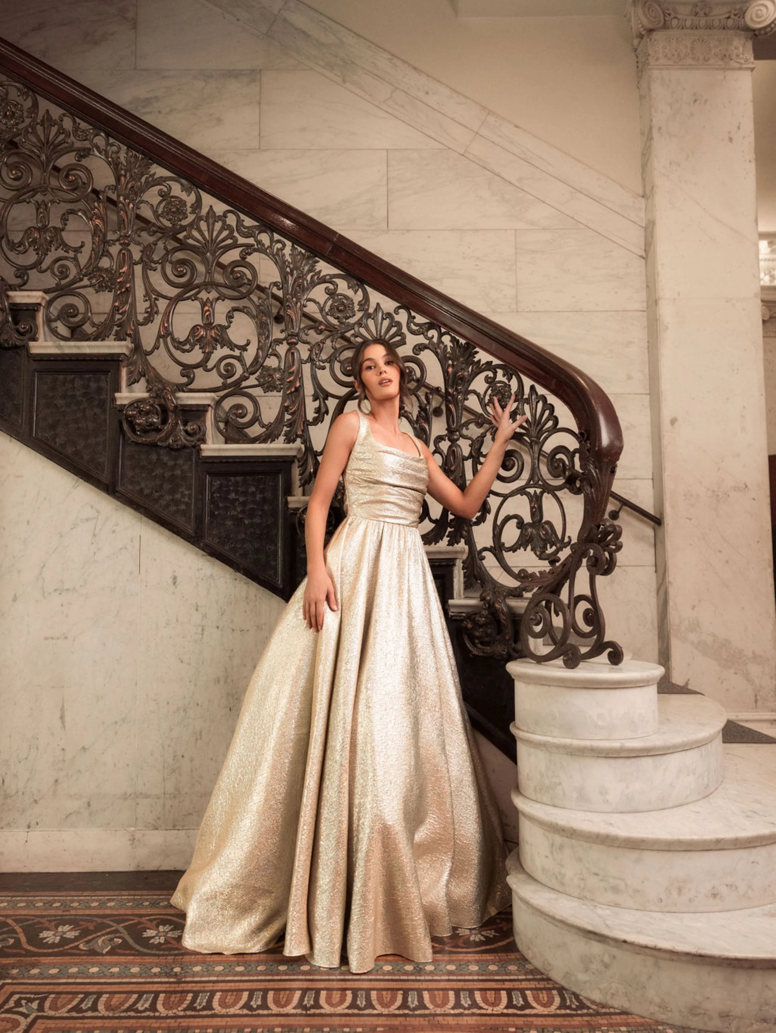 Gold Metallic Pleated Bodice Ballgown