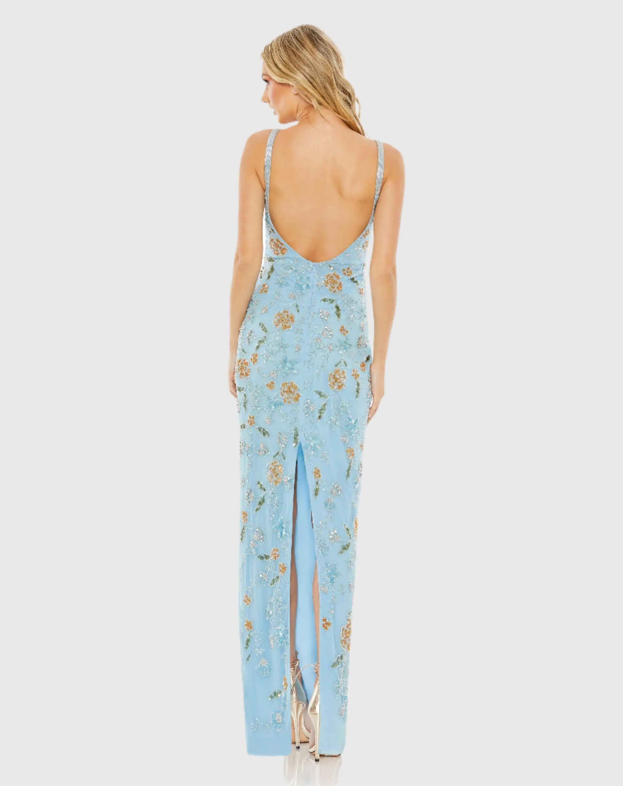 Hand Beaded Floral Gown with Beaded Spaghetti Straps