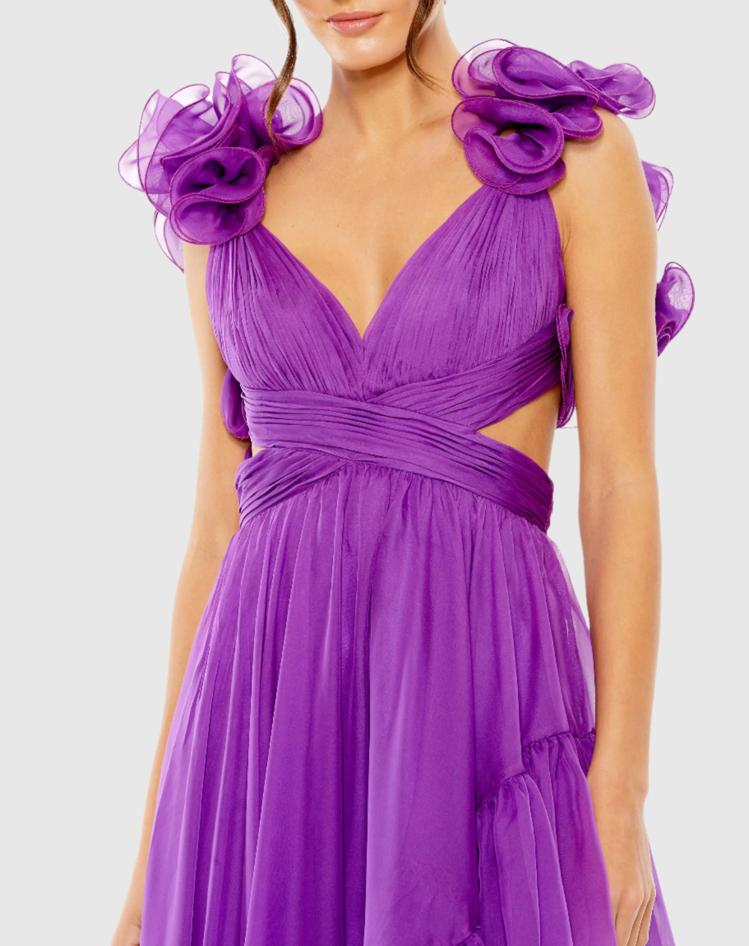 Purple Ruffle Tiered Cut-Out Chiffon High Low Gown