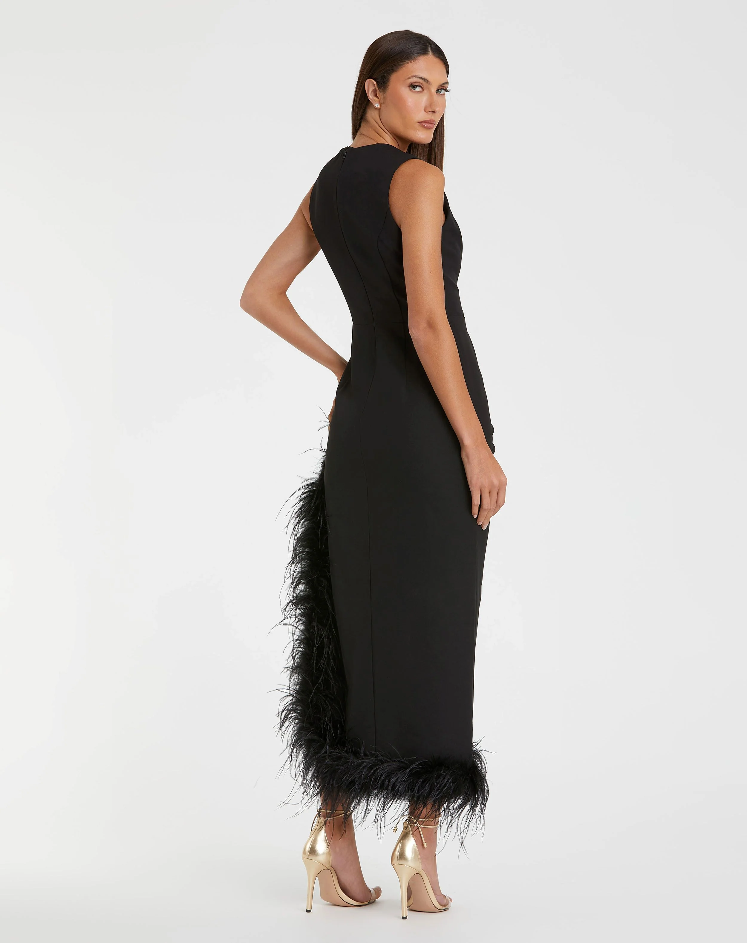 Black Sleeveless Faux Wrap Dress with Feather Detail