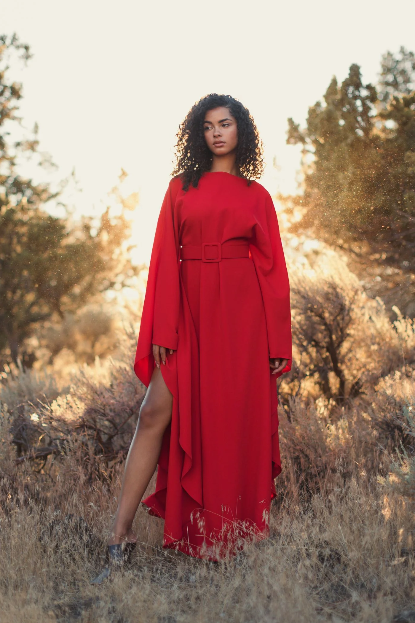 Red Crepe Boat Neck Caftan Maxi Dress With Belt