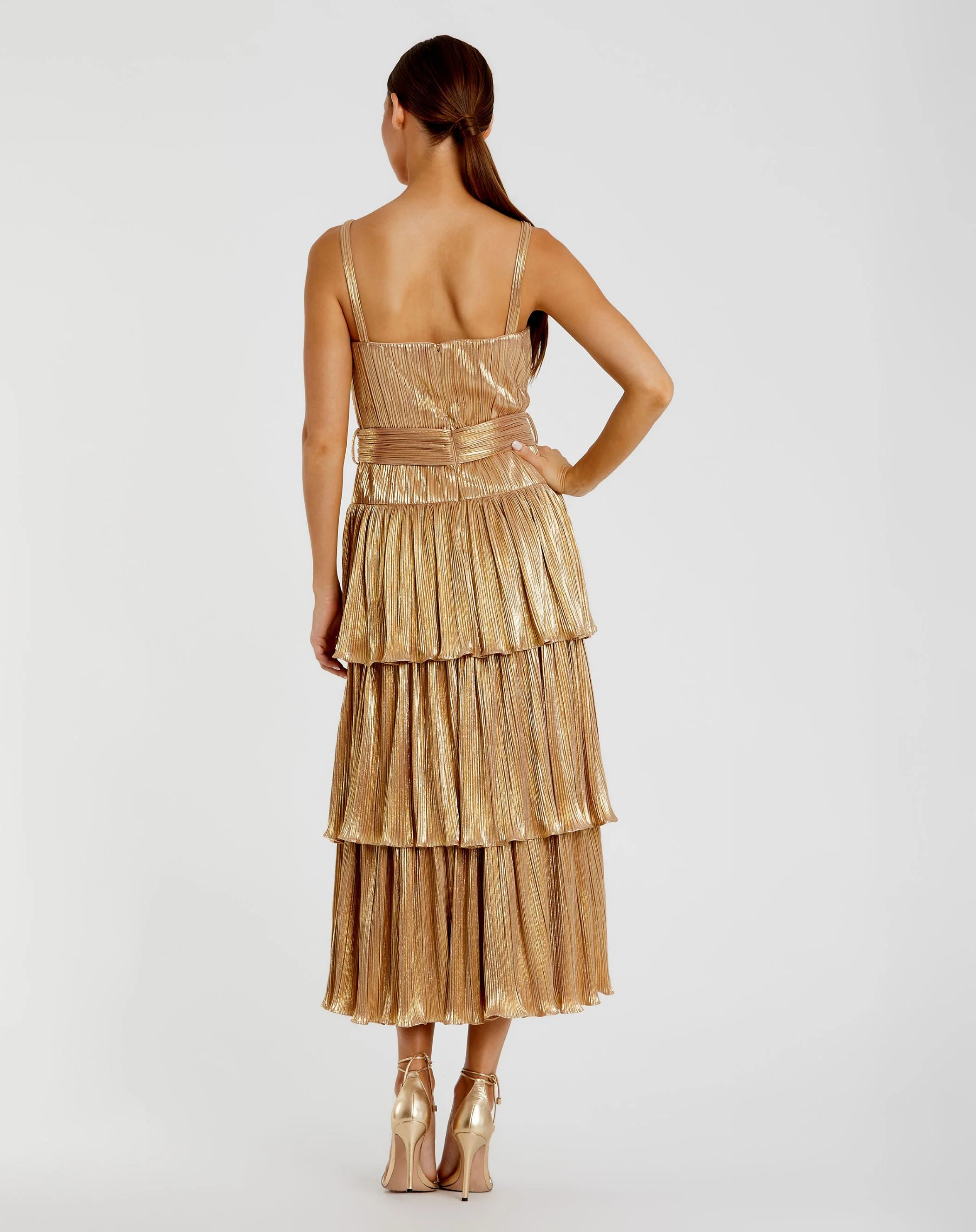 Gold Ruffle Tiered Buckle Detail Dress