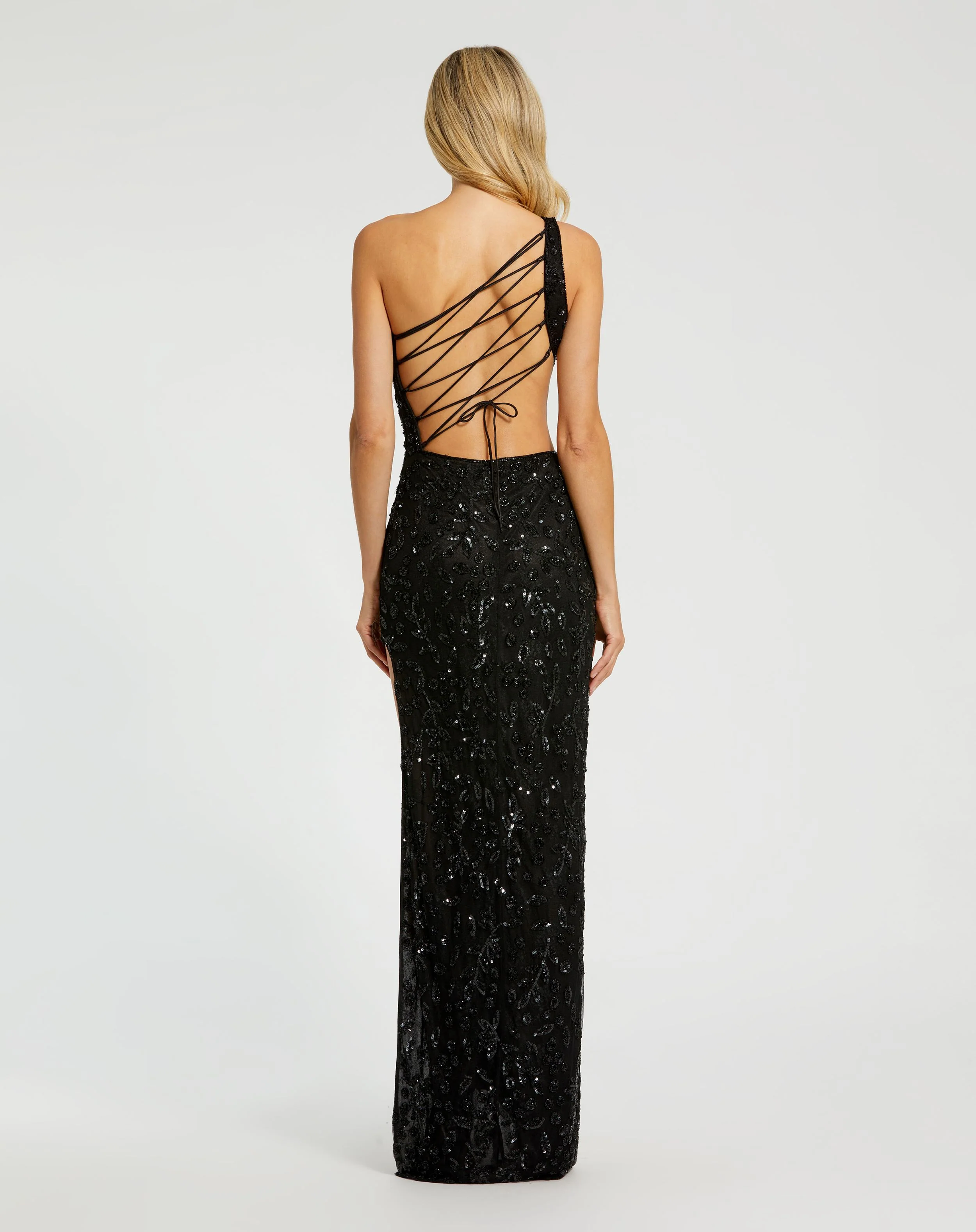Black One Shoulder Embellished Gown With Slit