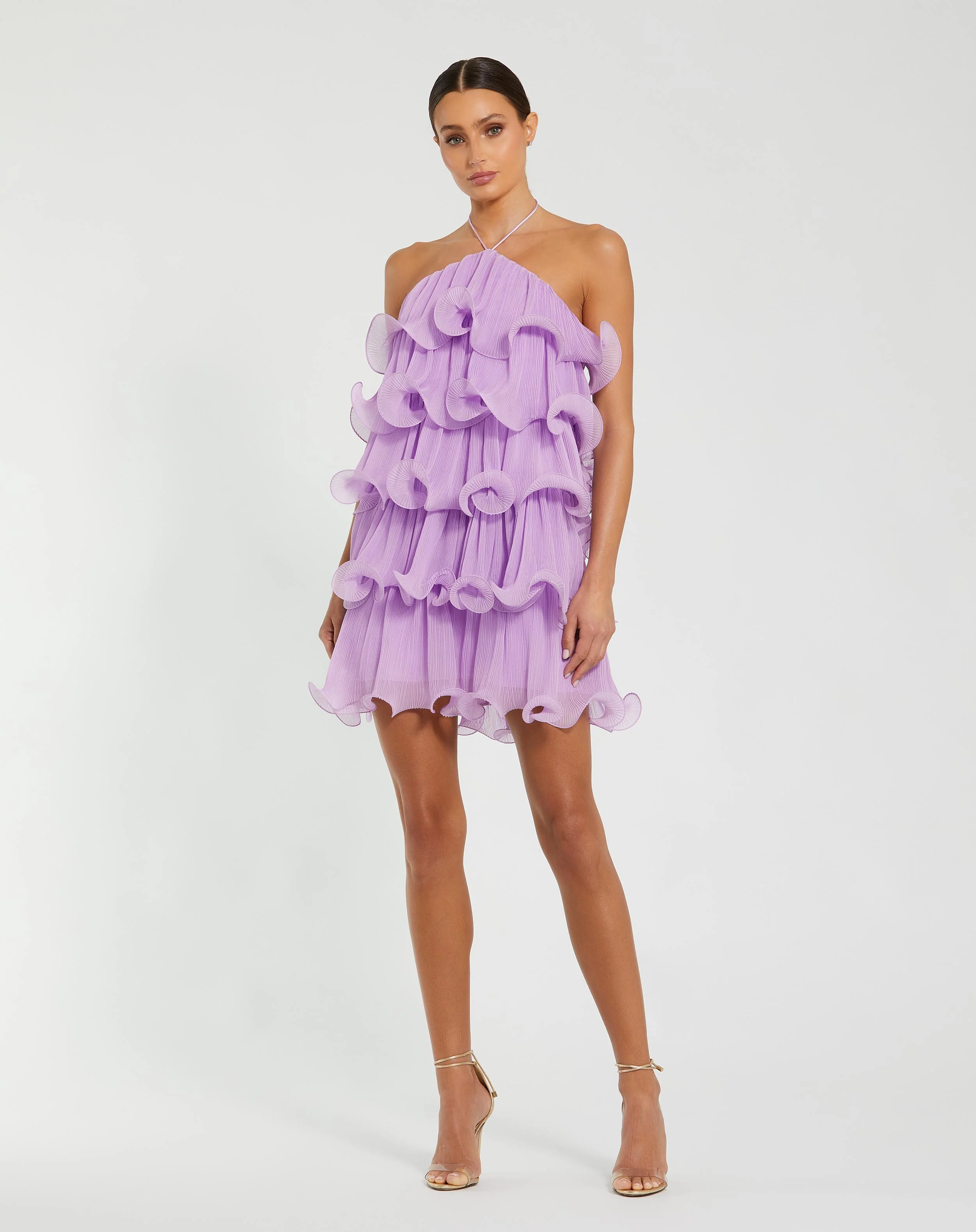 Purple Crinkle Chiffon Tiered Ruffle Halter Mini Dress