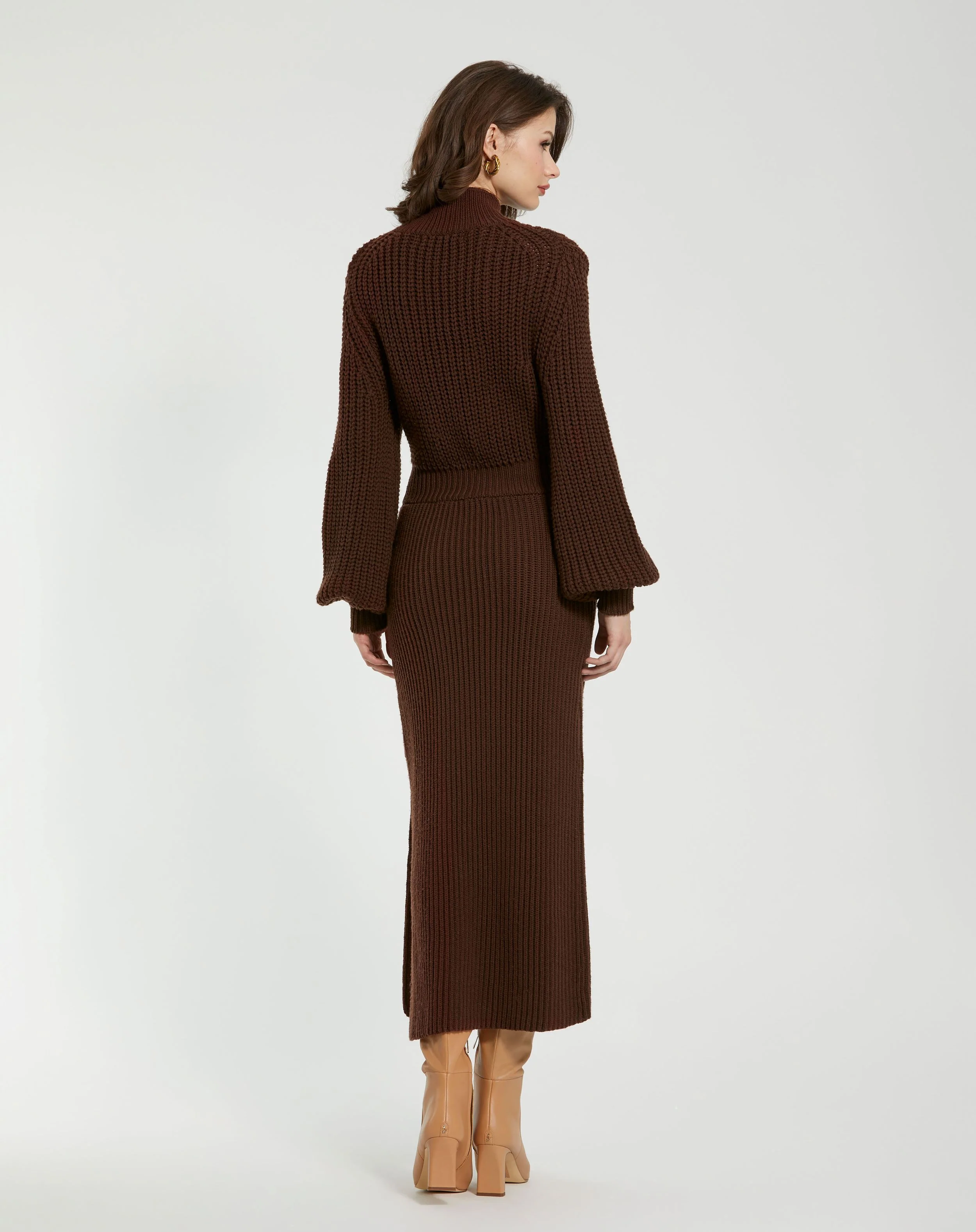 Brown Long Sleeve Turtle Neck Knit Midi Dress
