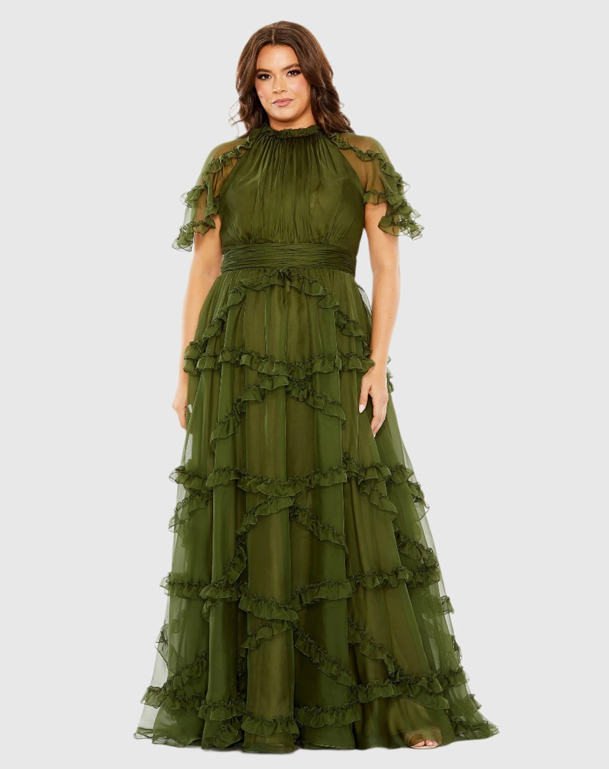 Green High Neck Ruffle Tiered Flutter Sleeve Gown