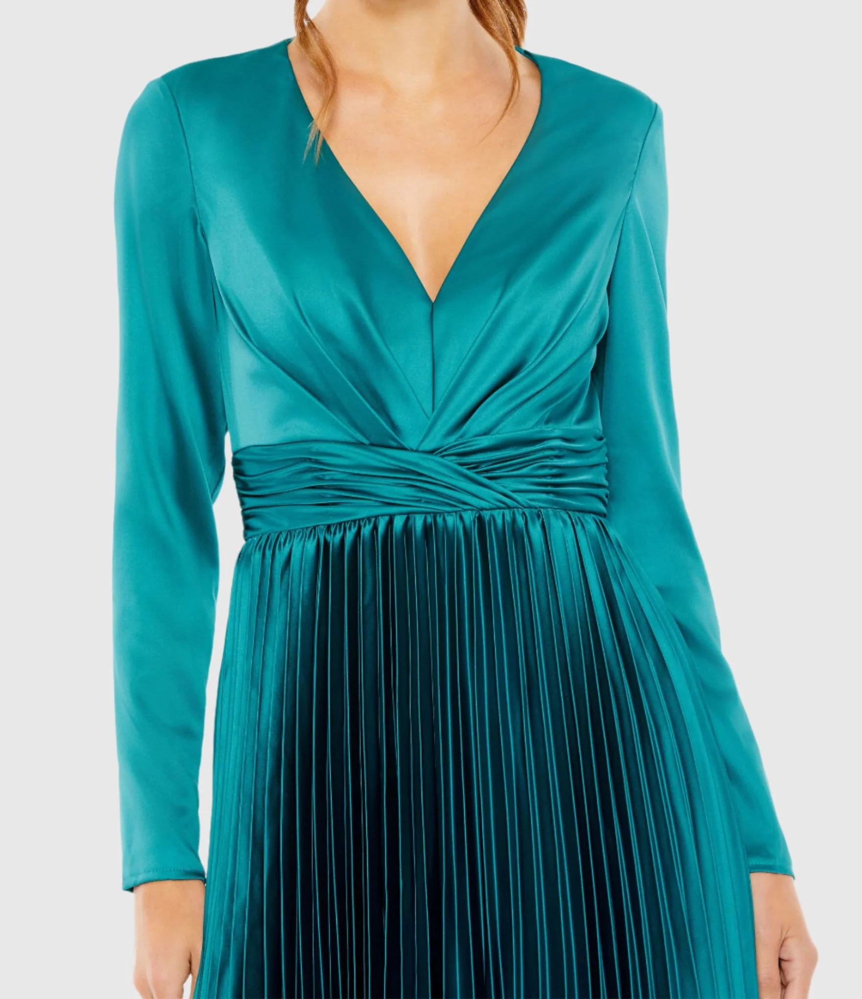 Blue Pleated Long Sleeve V-Neck Dress