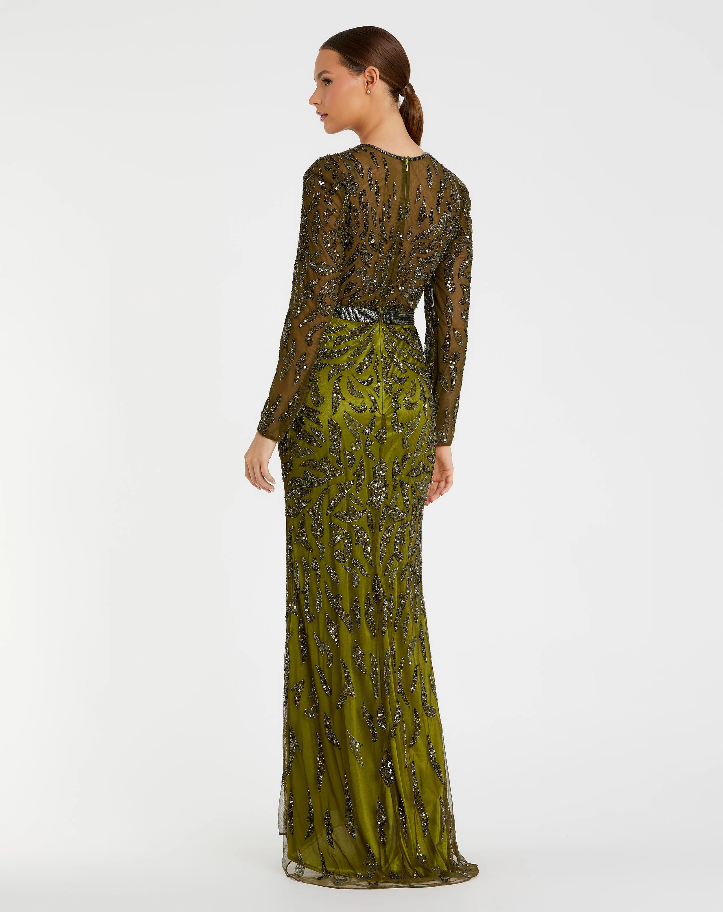 Green Beaded Long Sleeve Evening Gown
