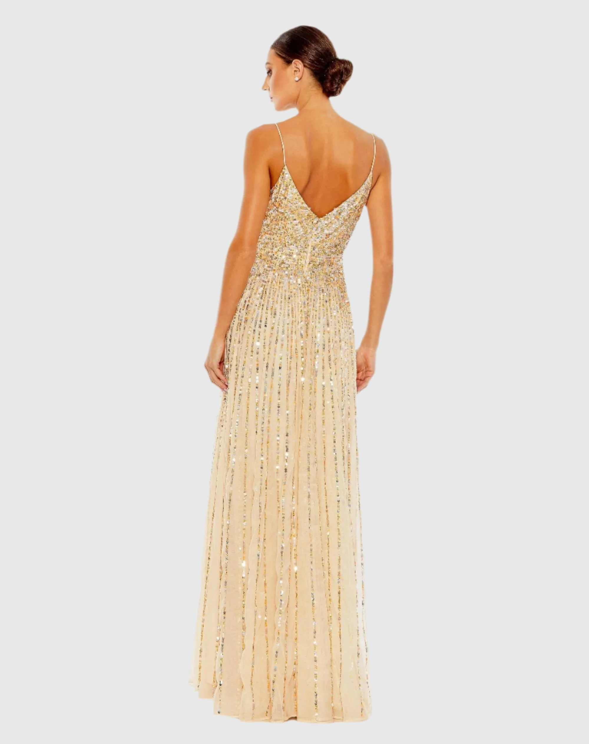 Beige Sequined Sleeveless Wrap Over A Line Gown