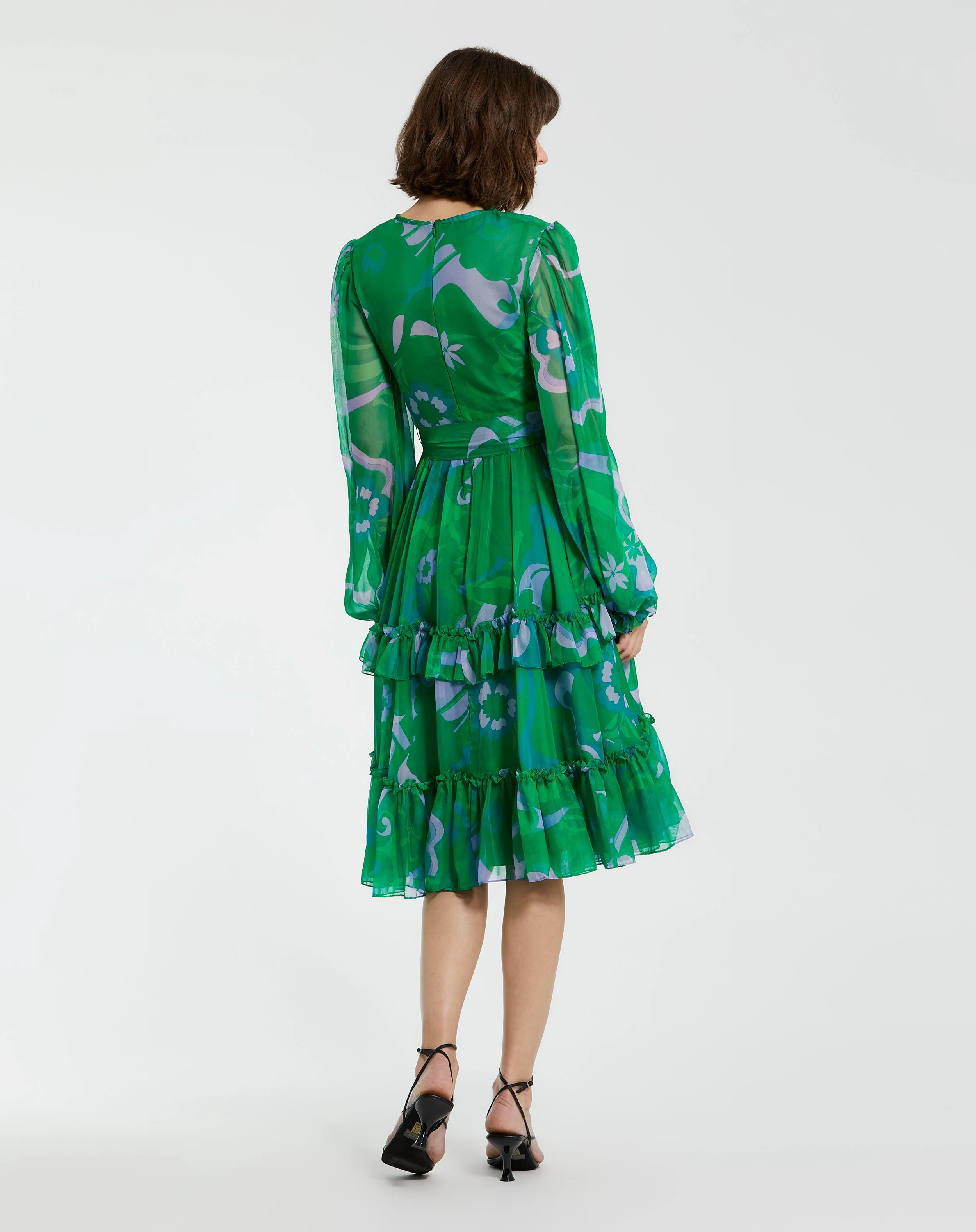 Green Printed Chiffon Bishop Sleeve Tie Waisted Ruffle Midi Dress