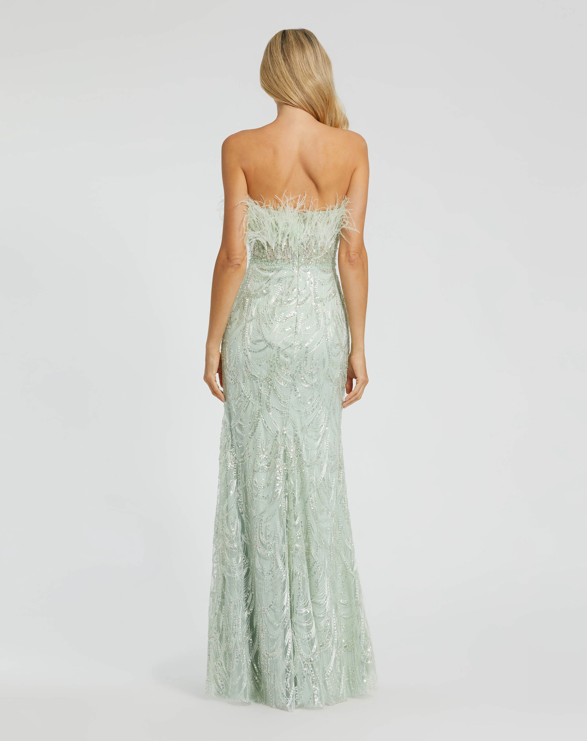 Green Strapless Feather Bustier Gown with Embroidery