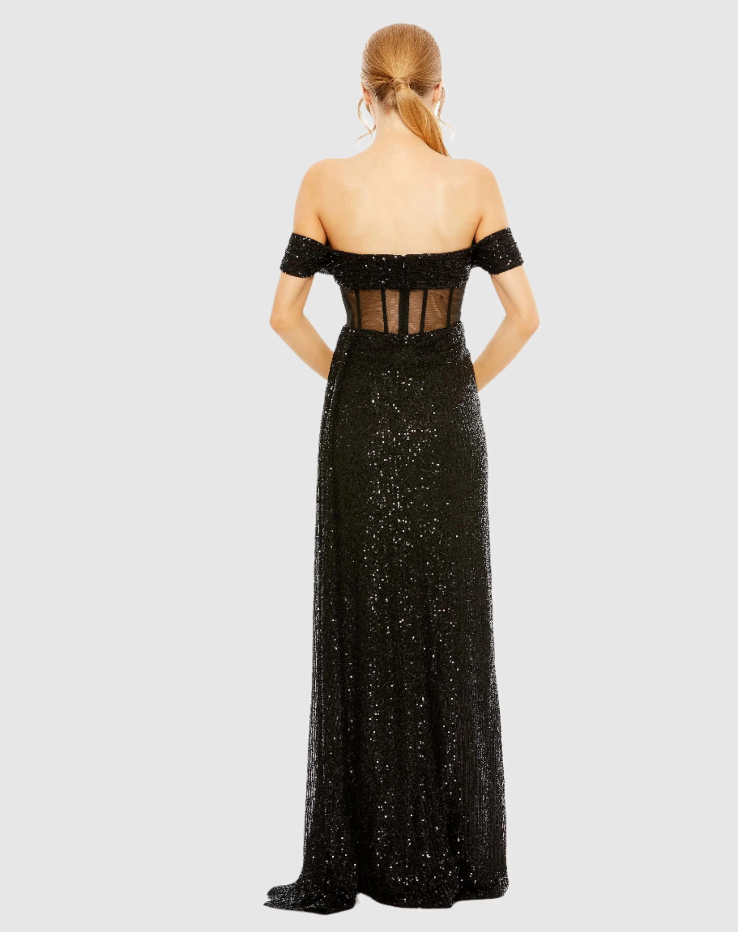 Black Sequined Gown with Sheer Corset Waist and Slit