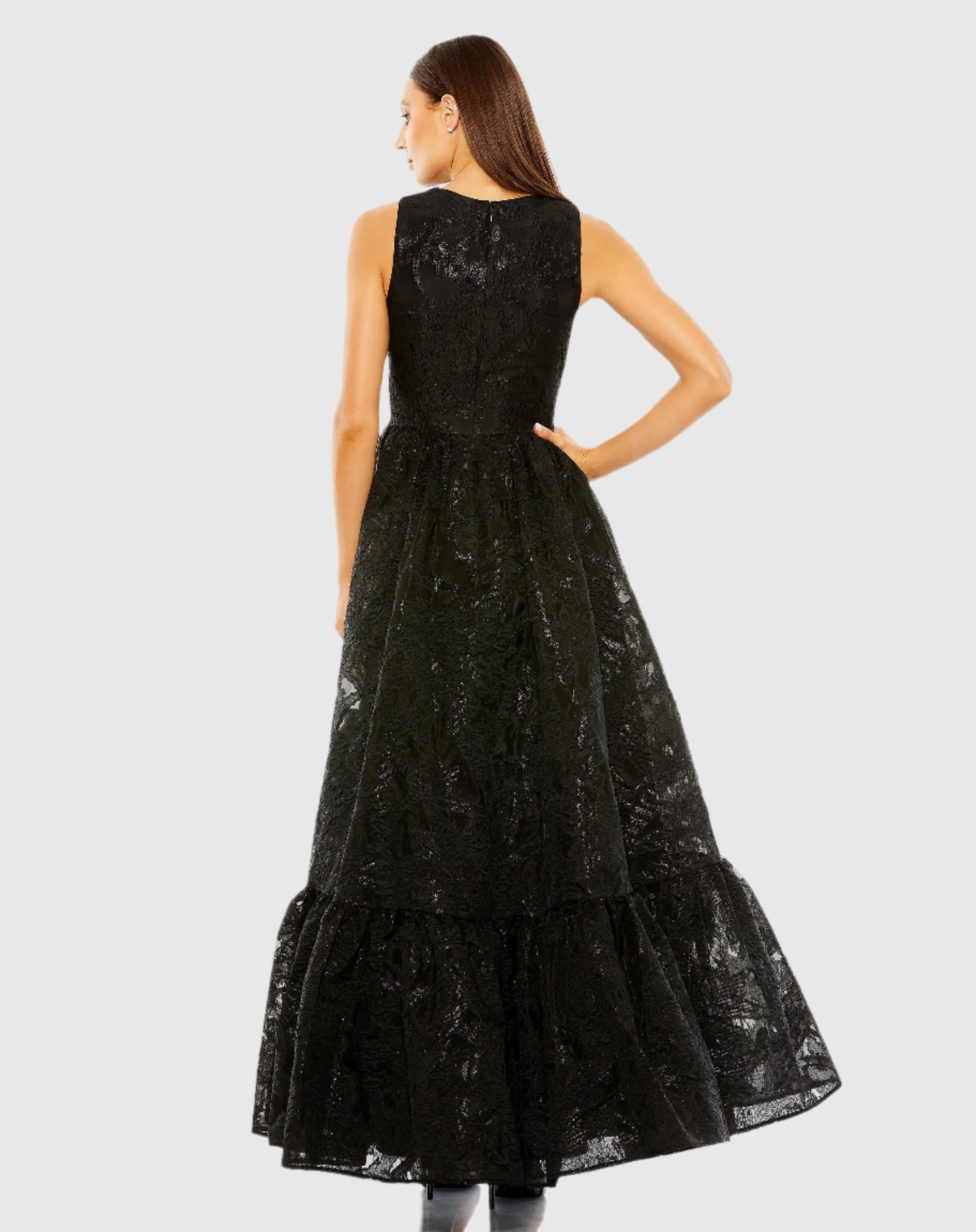 Black Sleeveless High Low Brocade Gown