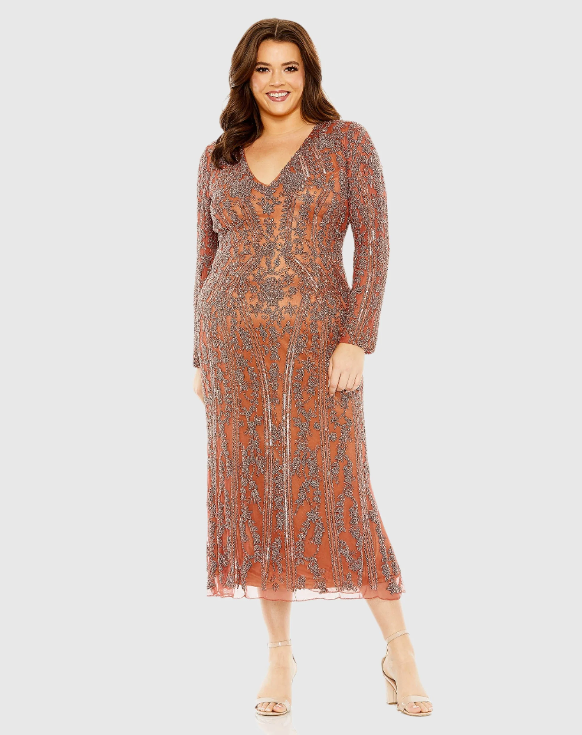 Orange Long Sleeve Embellished Dress