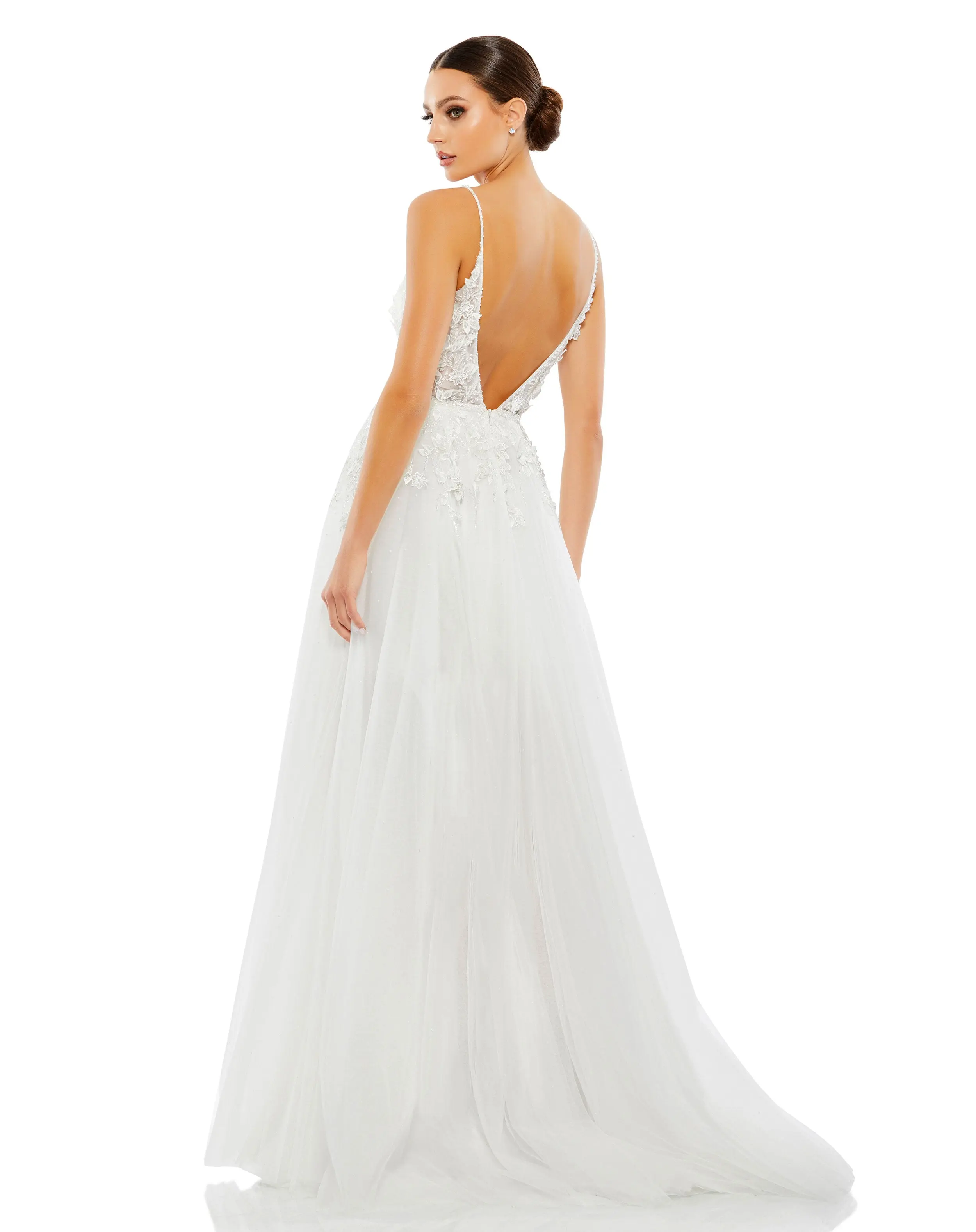Applique V Neck Sleeveless Open Back A Line Gown