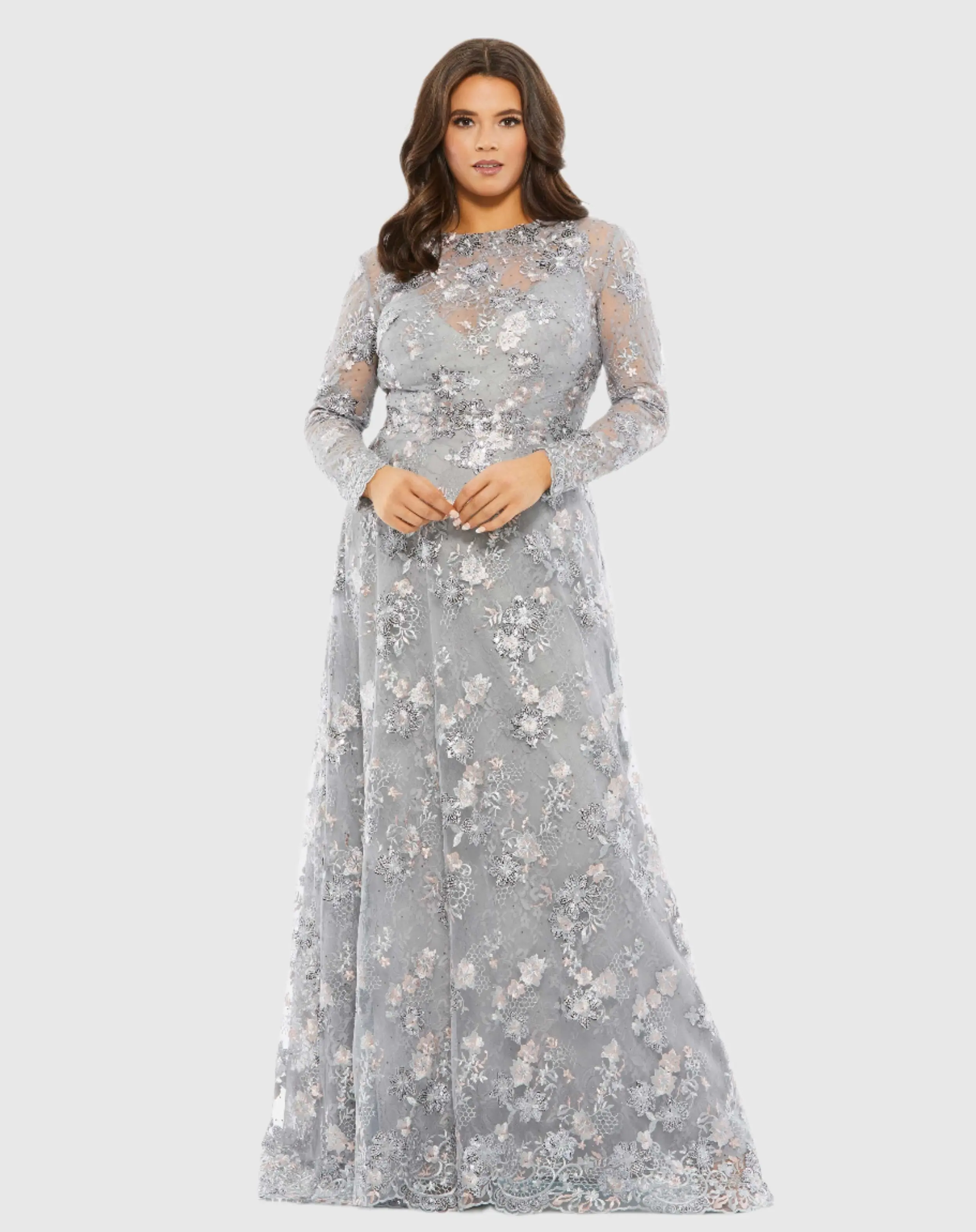 Embellished Illusion Long Sleeve A Line Gown (Plus) - FINAL SALE