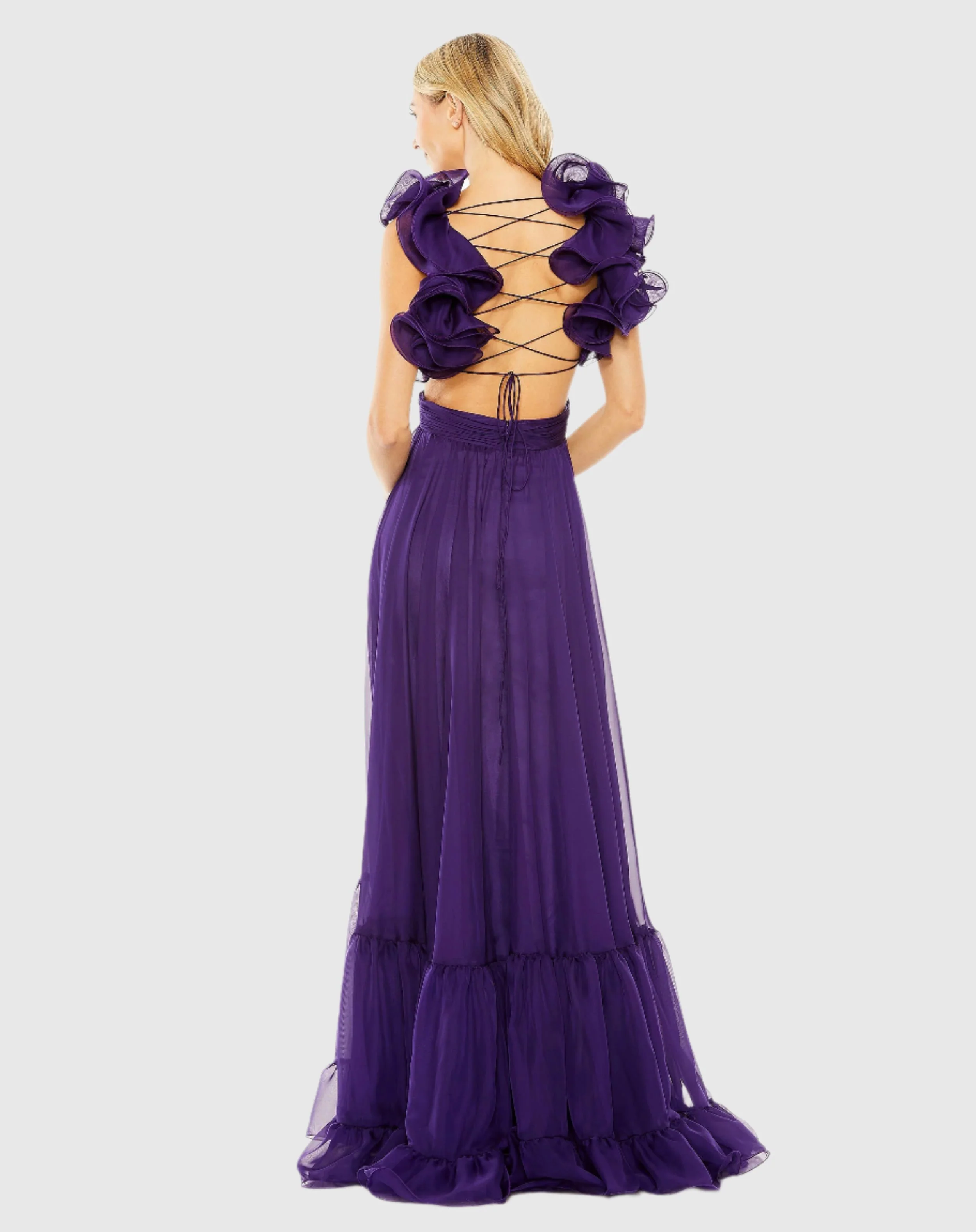 Purple Ruffle Tiered Cut-Out Chiffon Gown