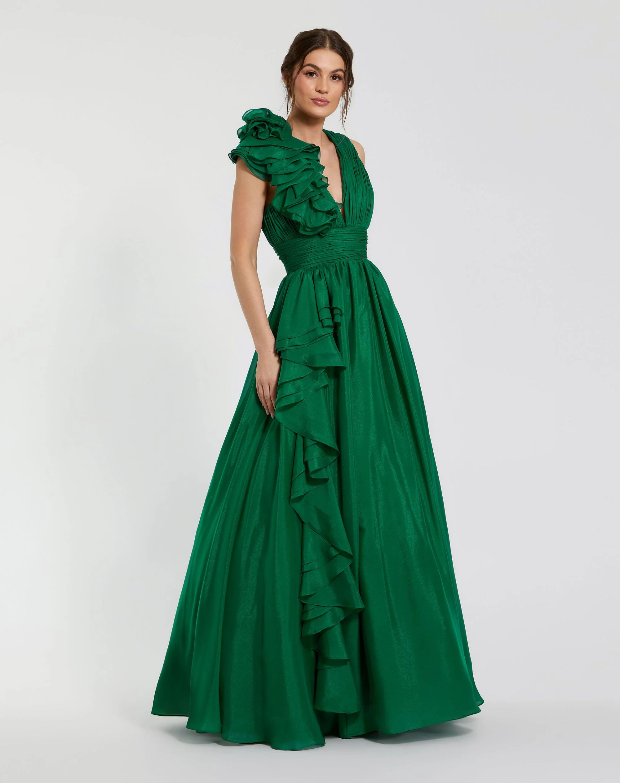 Dark Green Ruffle Shoulder V-Neck Chiffon Gown