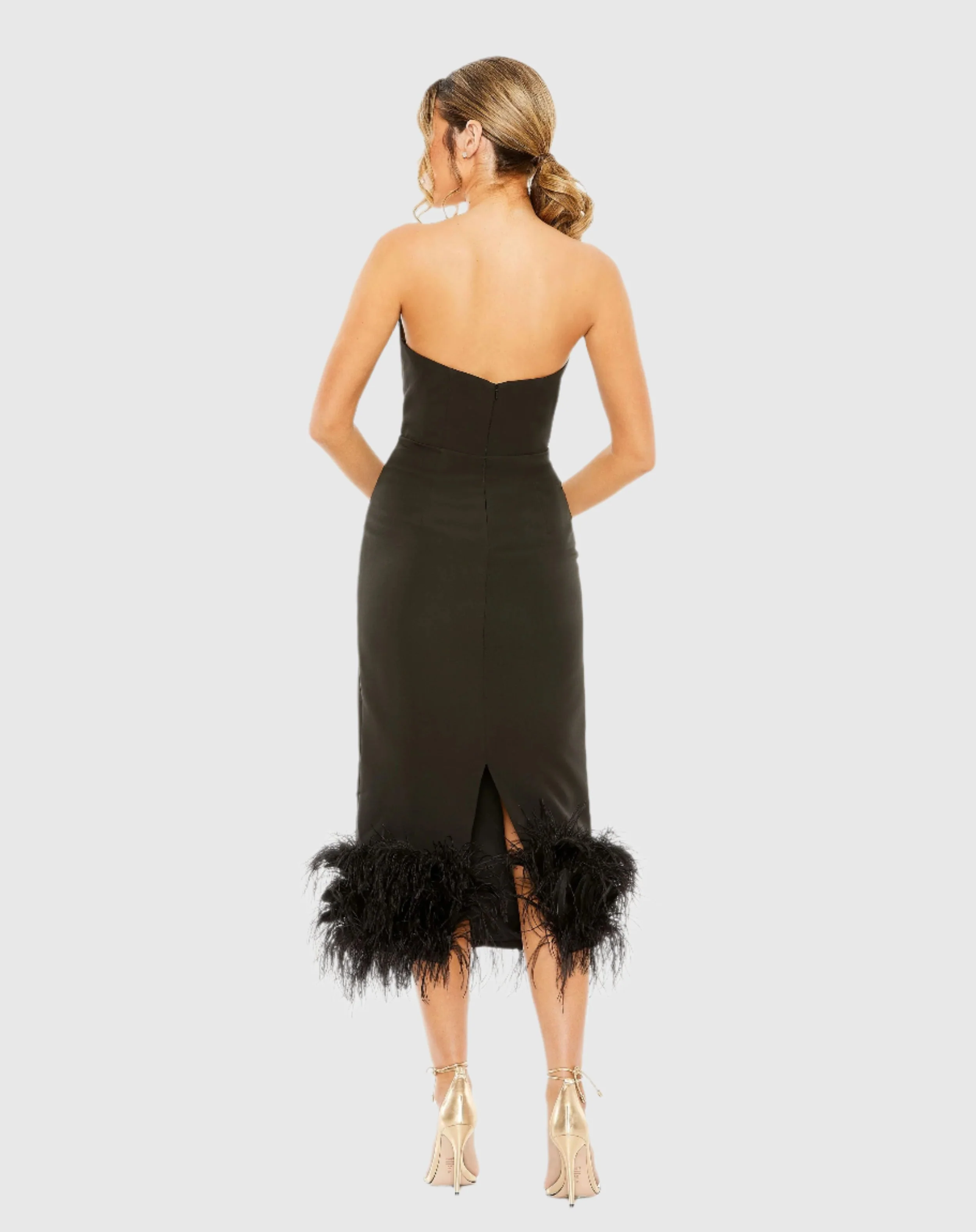 Black Strapless Dress with Feather Trim