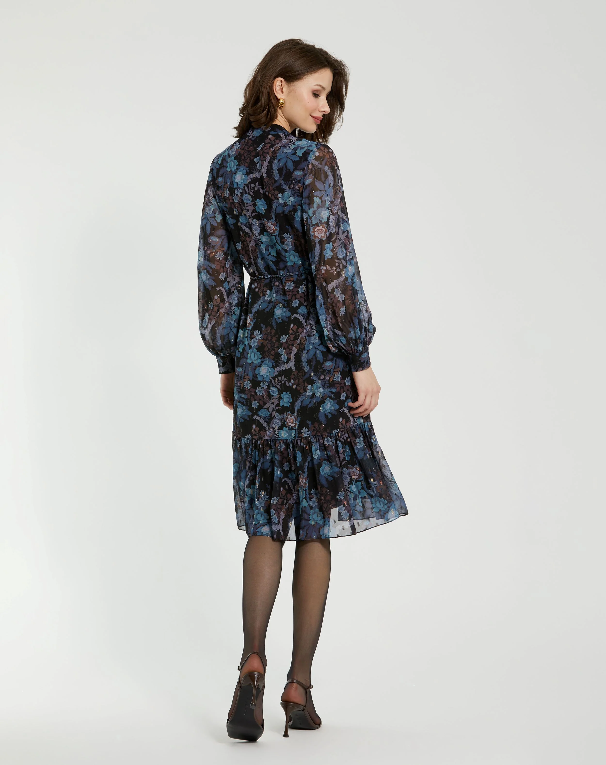 Blue Lurex Chiffon Bishop Sleeve Button Up Midi Dress