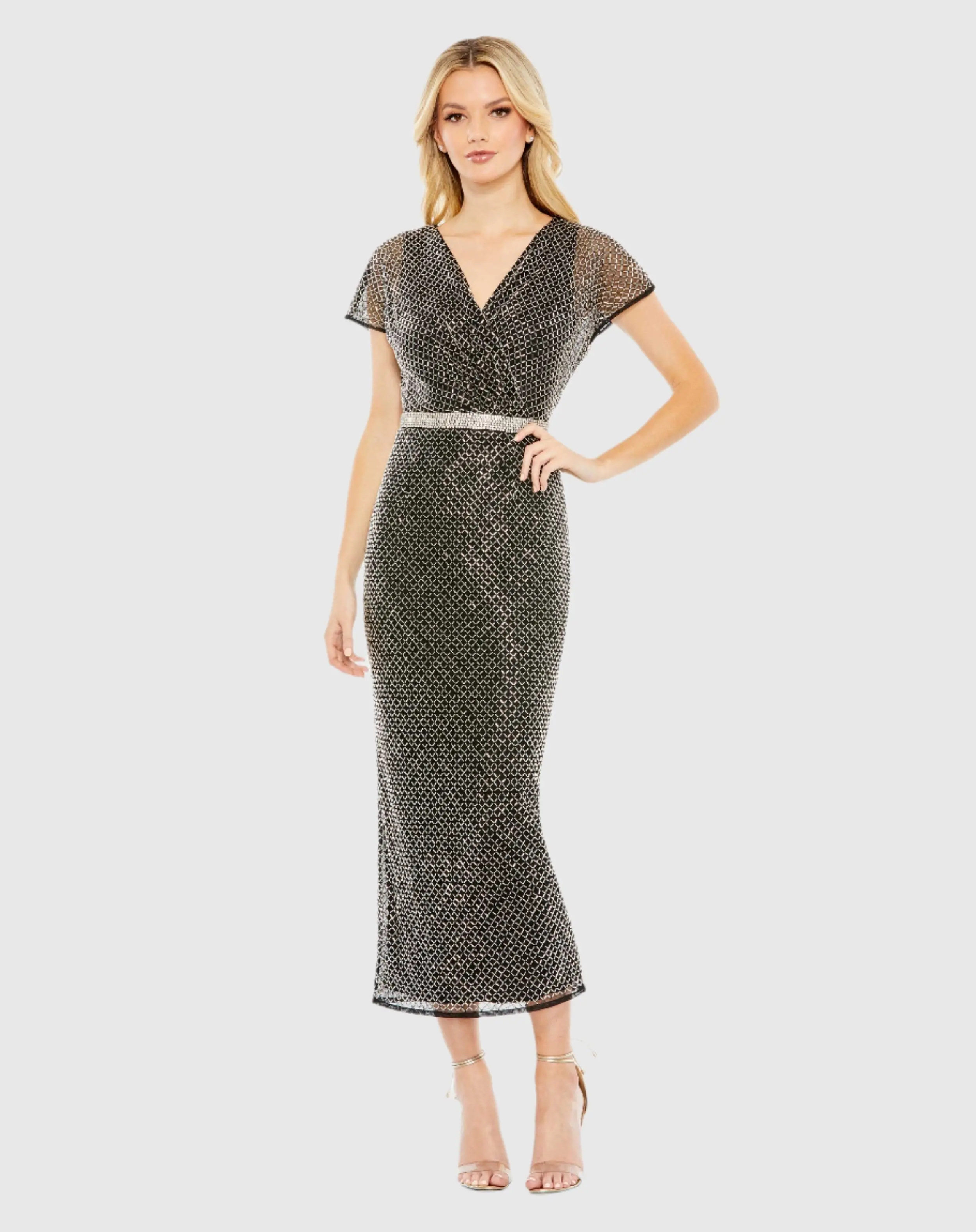 Beaded Wrap V-Neck Short Sleeve Dress