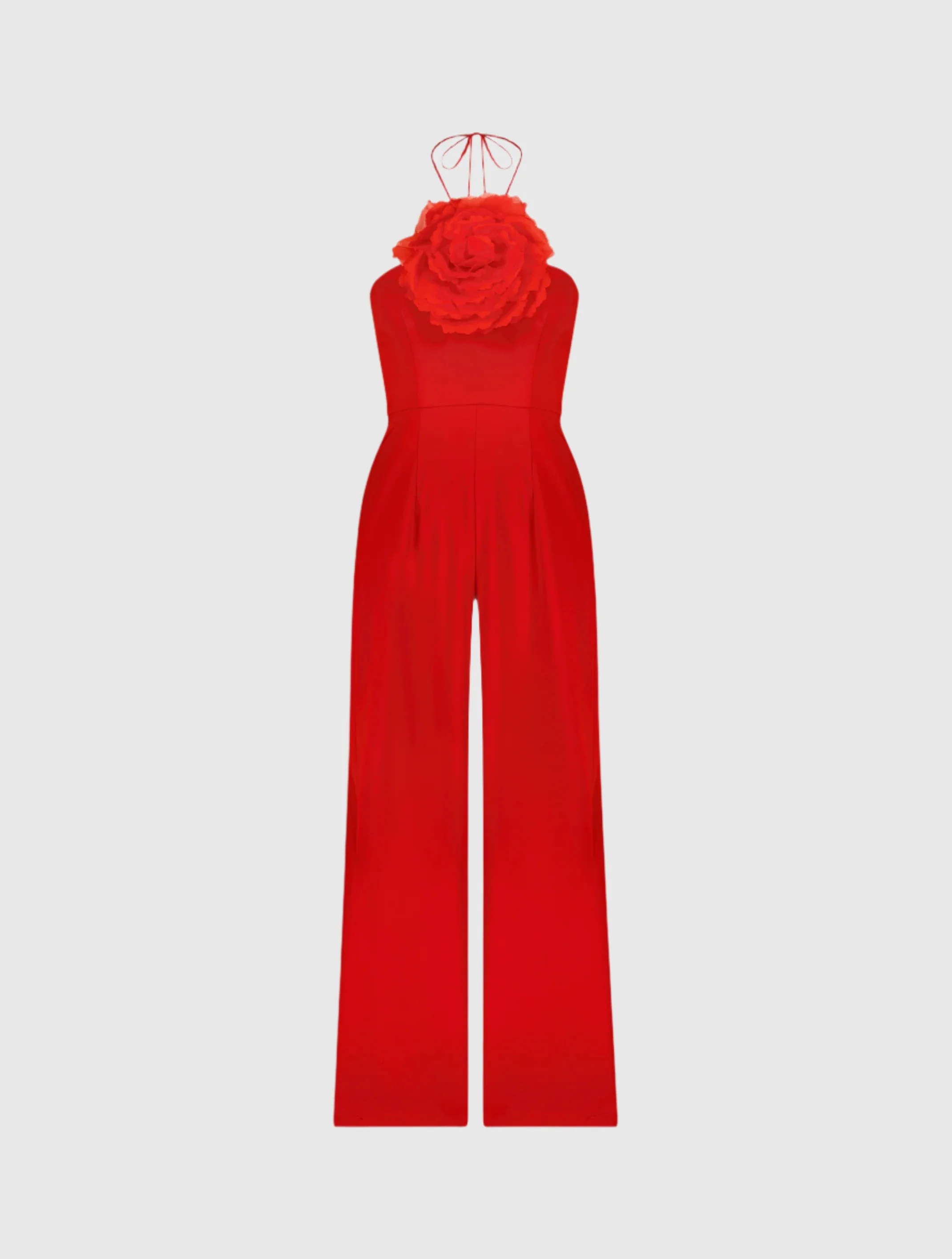 Red Halter Neck Crepe Jumpsuit With Flower