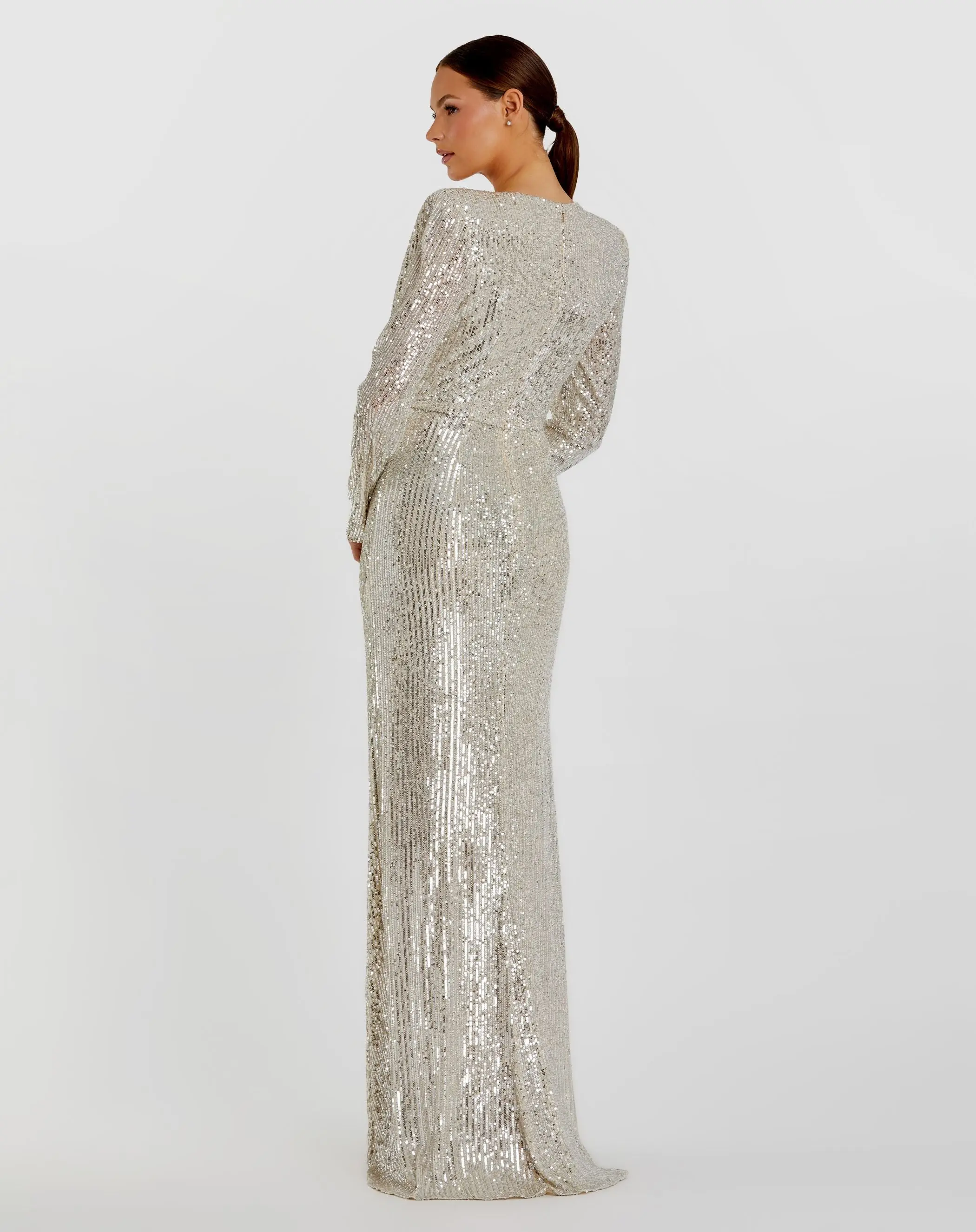 Silver Sequined Long Sleeve Faux Wrap Ruched Gown