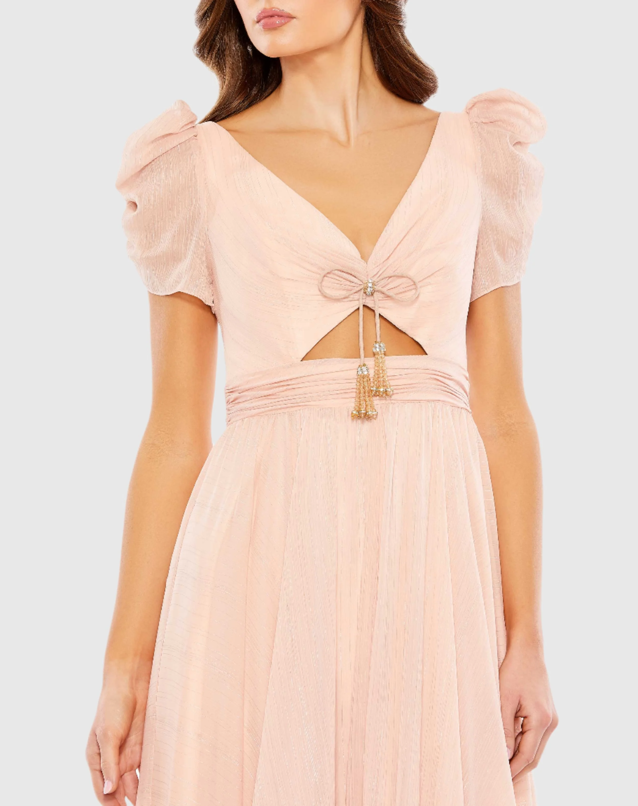 Pink Ruffle Tiered Metallic Ruched Shoulder Dress