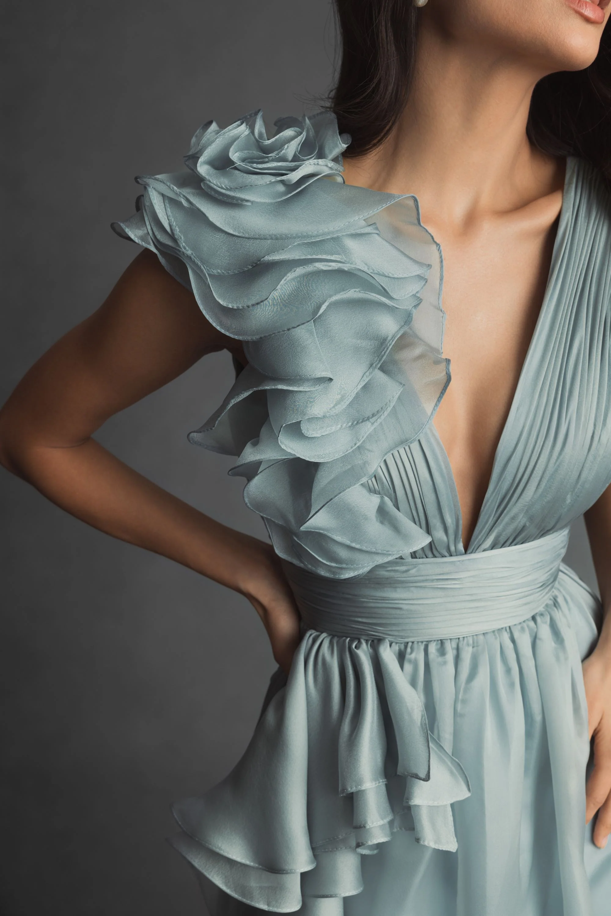 Green Ruffle Shoulder V-Neck Chiffon Gown