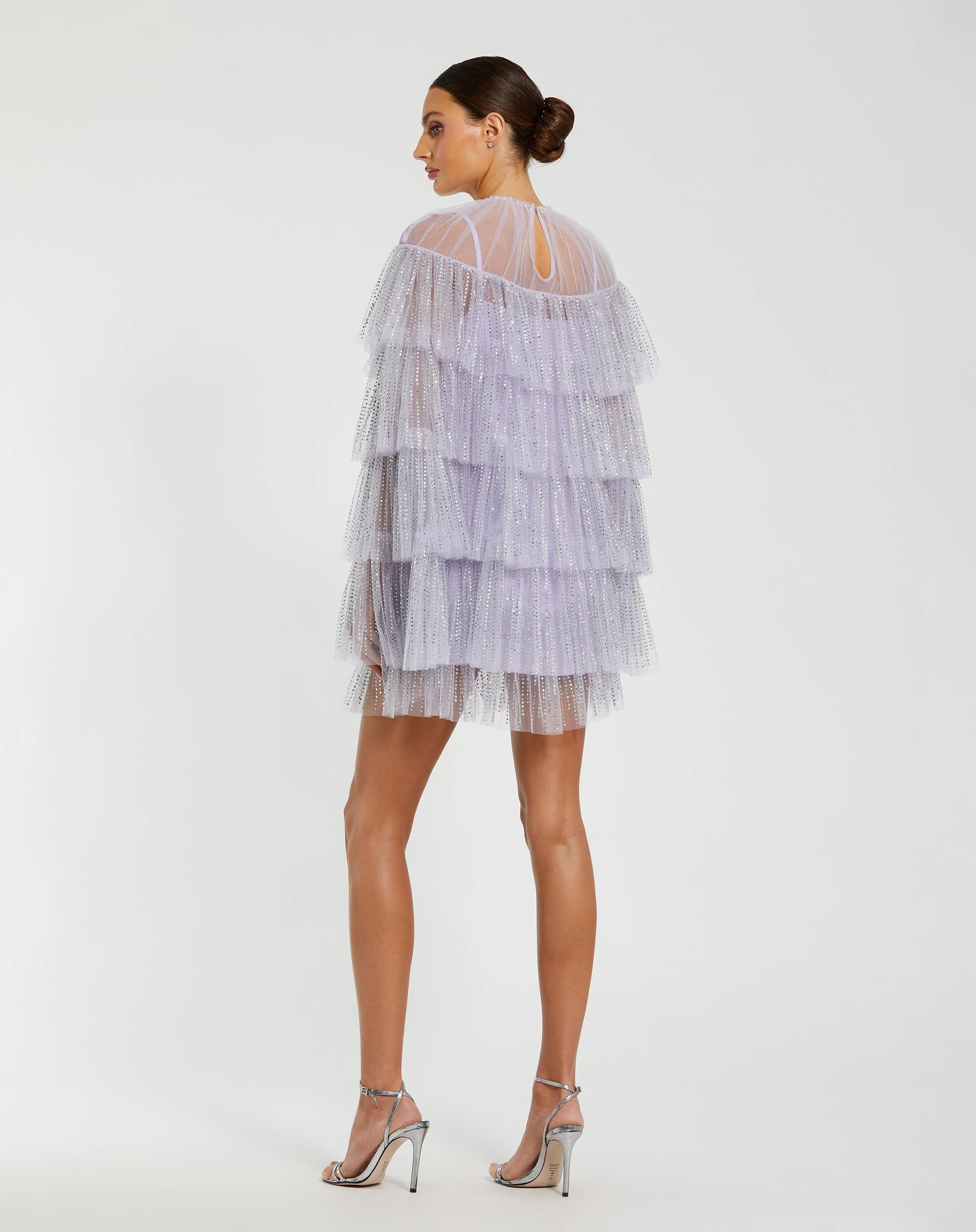 Purple High Neck Tiered Ruffle Pearl Beaded Cape Dress