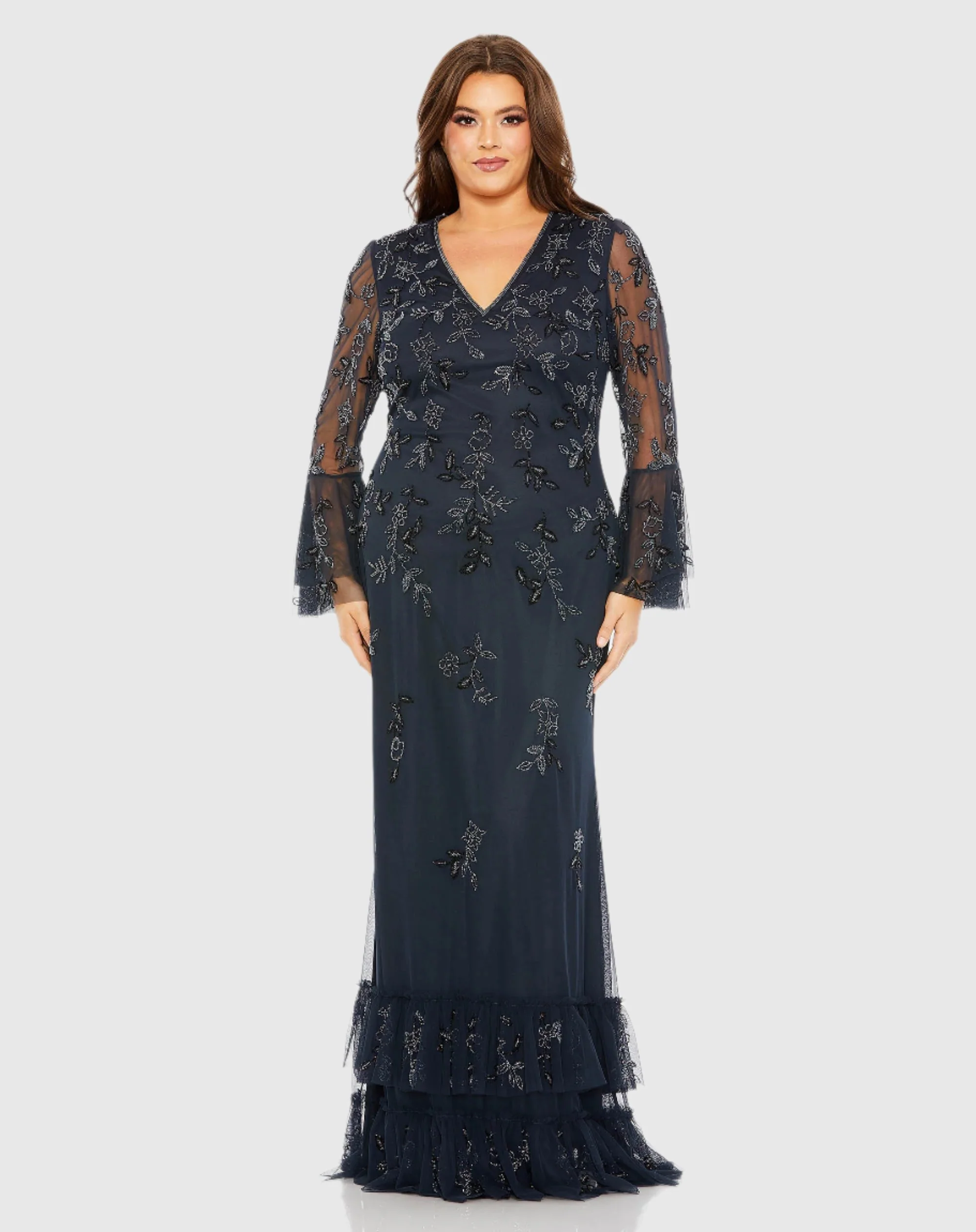 V Neck Embellished Flutter Tiered Long Sleeve Gown - FINAL SALE