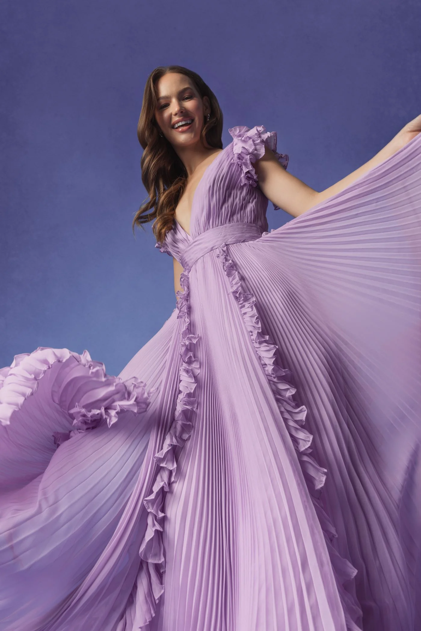 Purple Pleated Ruffle Cap Sleeve Flowy A Line Gown