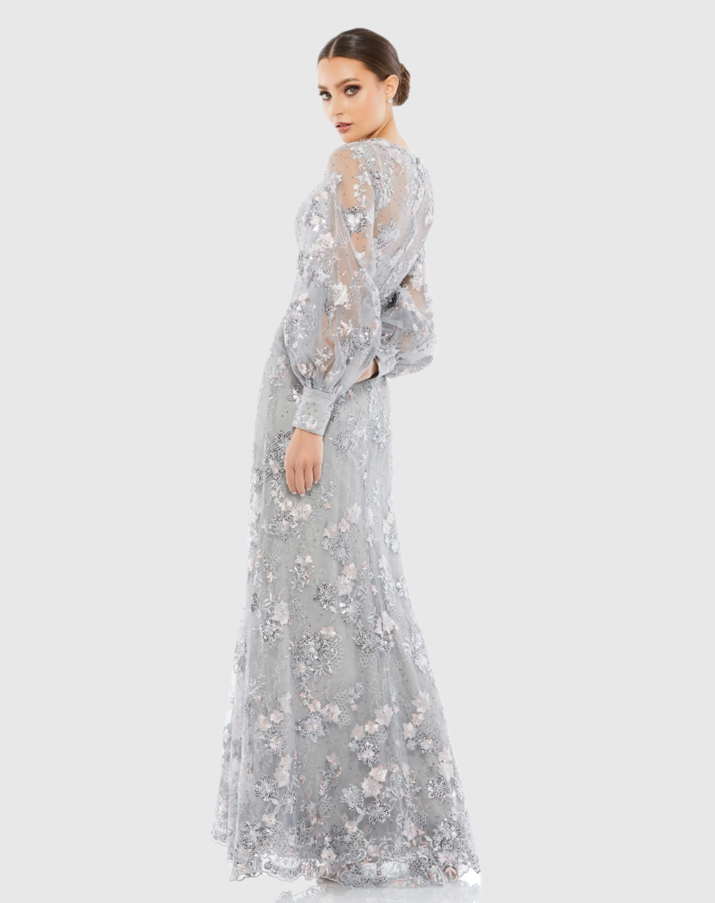 Embellished Illusion High Neck Bishop Sleeve Gown